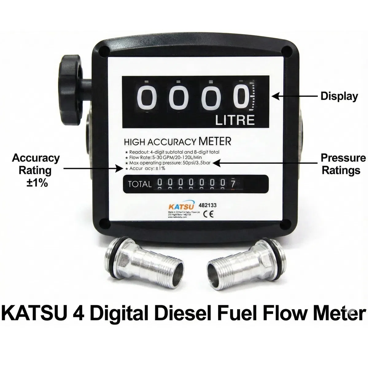 KATSU Contador de Medidor de Flujo de Aceite de Combustible Diésel de 4 Digitaces, Tanque de Transferencia de Bomba de Combustible Medidor de Flujo Mecánico 3,5 Bares 1% Precisión