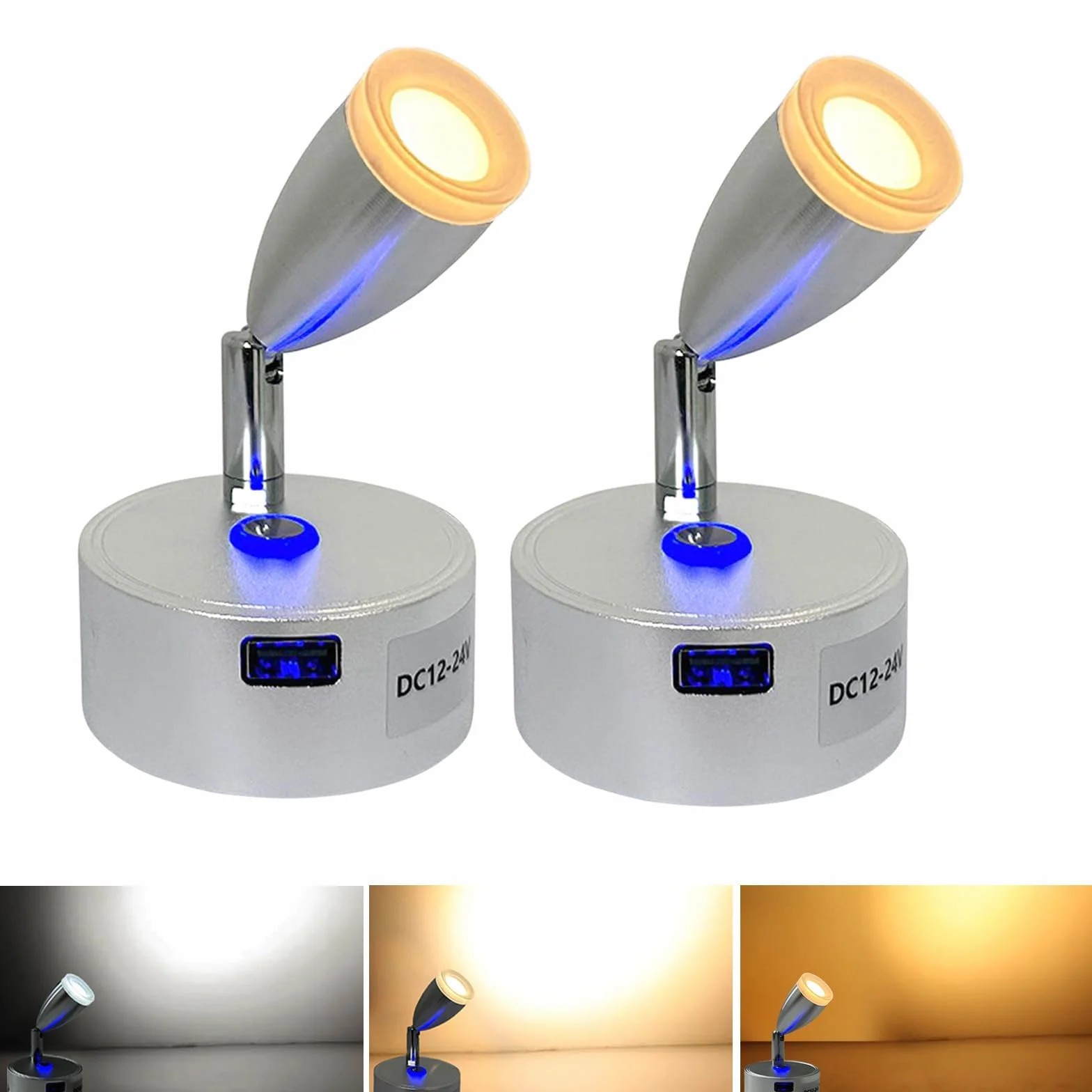 12V Led Lámparas Caravana, 12V Lectura Lámpara Cama, 3 Temperaturas de Color, 3w, Interruptor Táctil Dimmer, 12V Led Foco, Luces Led para Coche Camión Caravana Camping Barco(2 Piezas)