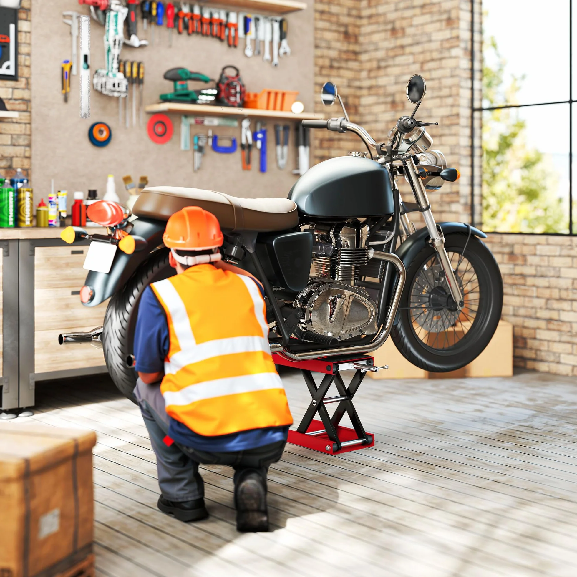 DURHAND Plataforma Elevadora de Tijera Carga 500 kg Altura Ajustable 10-37 cm Soporte para Motocicletas Soporte de Moto para Aparcar o Reparar Taller Garaje 41,5x23,5x10-37 cm Negro y Rojo