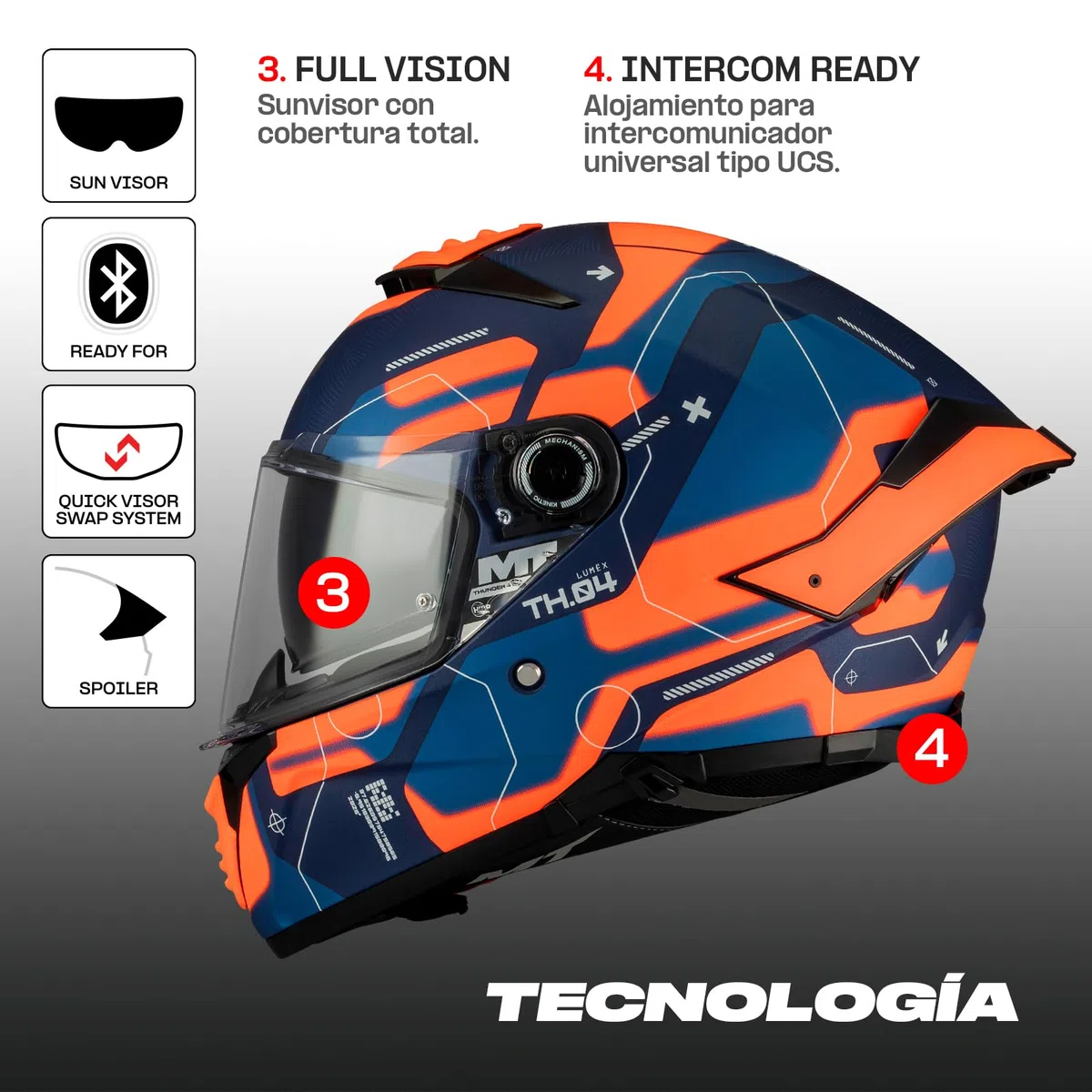 MT Helmets Thunder 4 SV – Casco Moto Integral con Visor Solar Full Vision, Pantalla Antivaho Compatible con Pinlock, Interior Lavable y Calota HIRP | Homologado ECE 22.06 & DOT