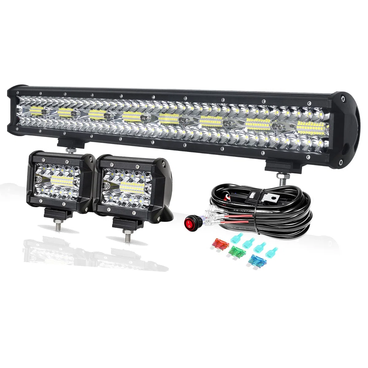 PICAA 23 Pulgadas 480W Barra LED 4x4 y 2X 4 60W Foco Led y Cableado Kit, Luz de Trabajo LED 12V 24V 6000K Faro Led Coche Camión Todoterreno Barras Luminosas Led
