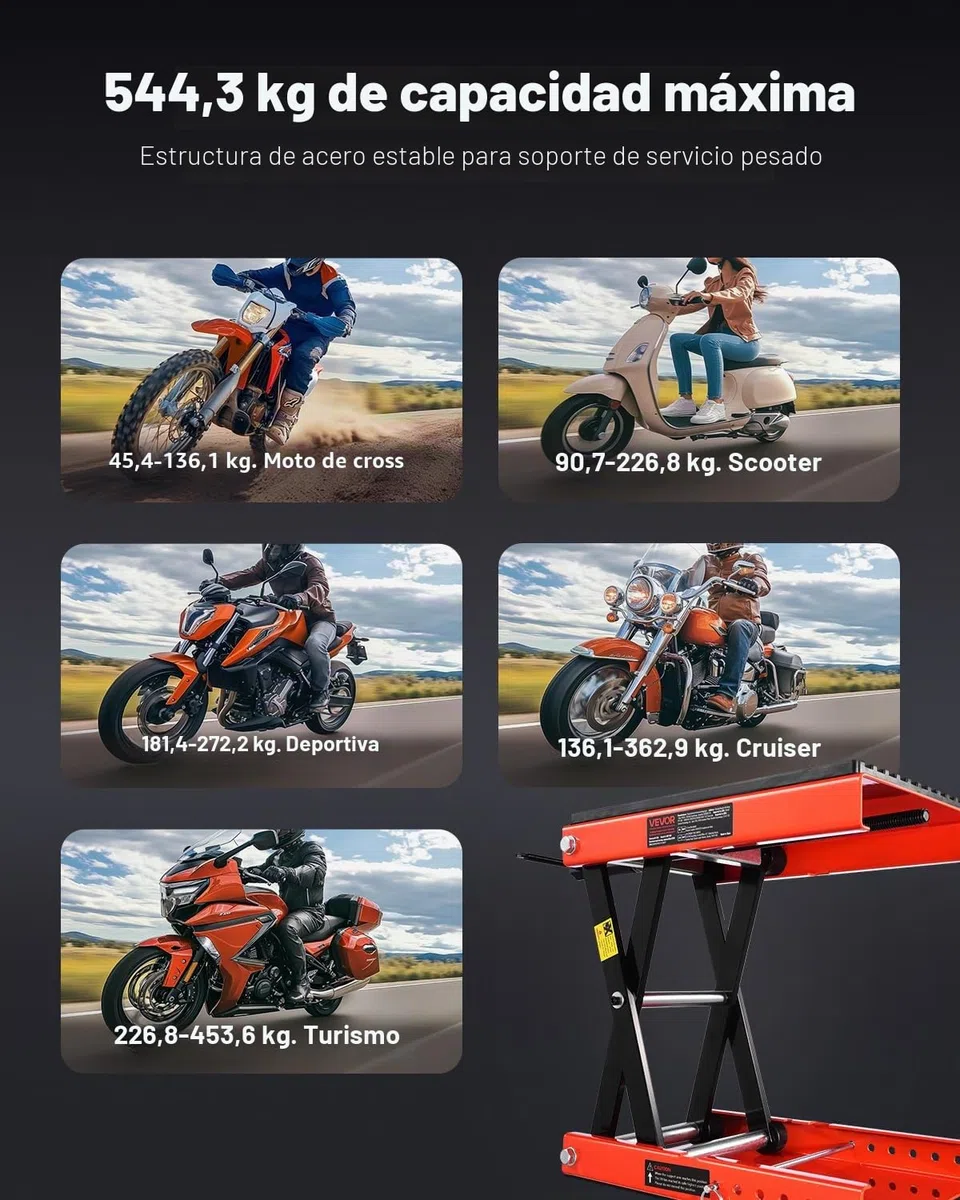 VEVOR Gato de Tijera para Motocicleta, Carga 544 kg, Rango de Altura 105 a 380 mm, Acero Resistente, con Trinquete y Manivela para Vehículos Todo Terreno y Motos Cross, 420 x 240 x (105-380) mm