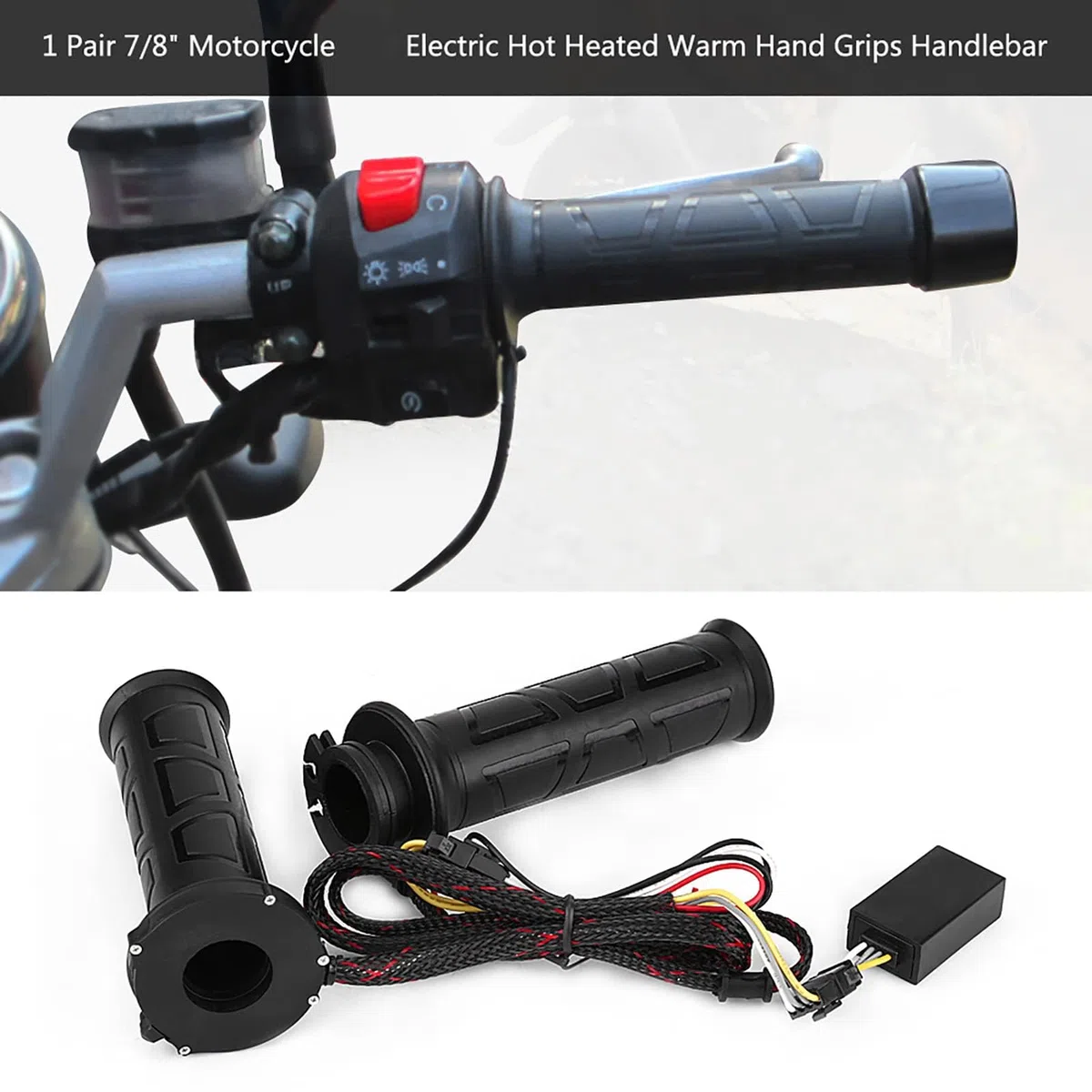 EVGATSAUTO Empuñaduras eléctricas calientes, 1 par de 22 mm (7/8 pulgadas) de potencia ajustable (12 W-24 W) Empuñaduras eléctricas calefactadas Manillar caliente caliente para motocicleta Negro