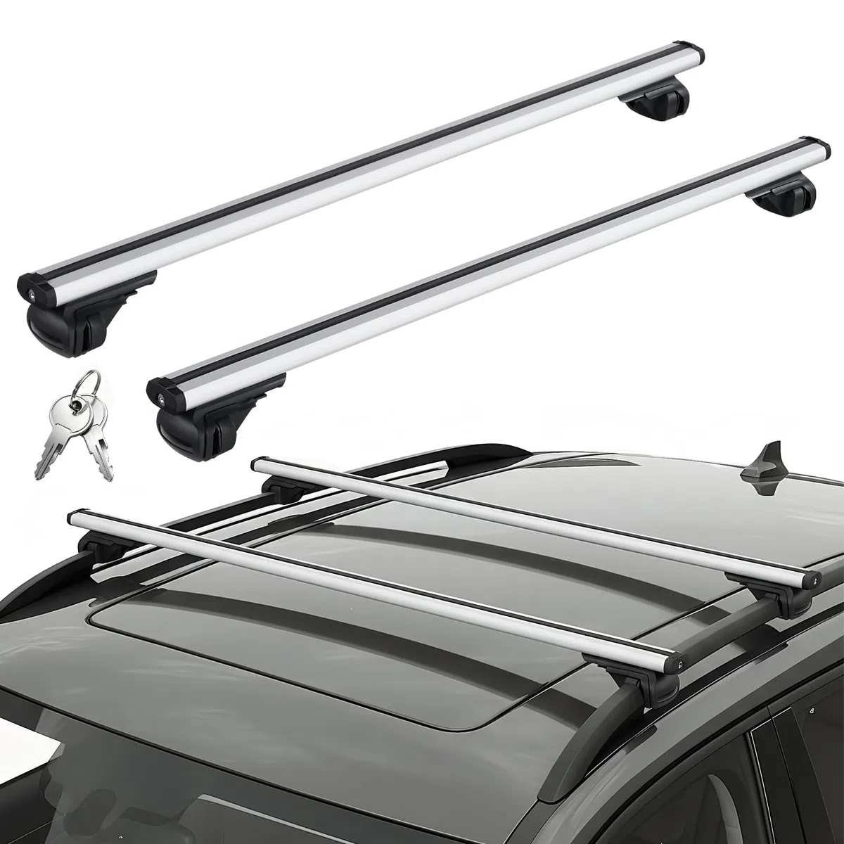 47,2" Barras Transversales Ajustables, Capacidad Carga 100kg, Baca Coche Universal Aluminio con Dispositivos Antirrobo, Portaequipajes para SUV con Rieles Laterales Elevados