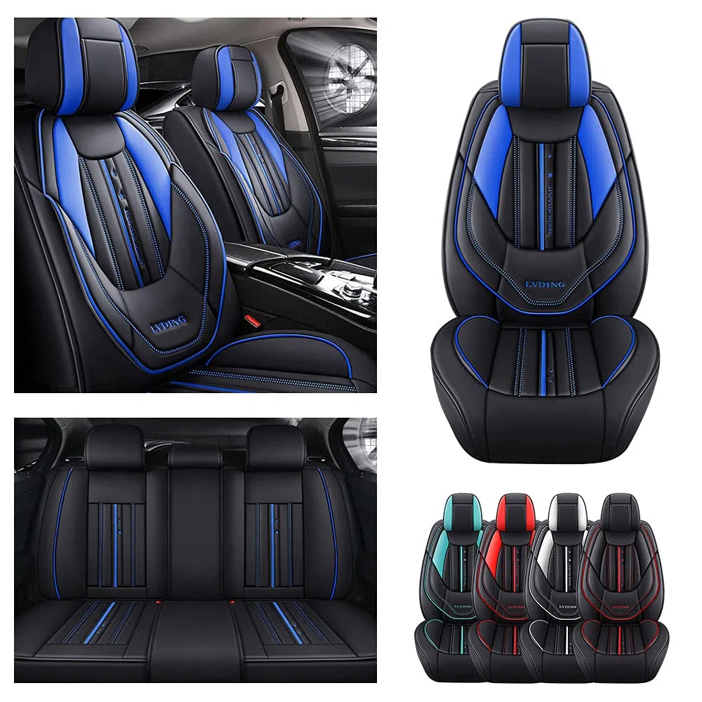Juego Completo de Fundas de Asiento de Coche para 5 Asientos Delanteros y Traseros, Impermeables, de Piel sintética, Protectores de Asiento de automóvil, cojín M007,Negro y Azul