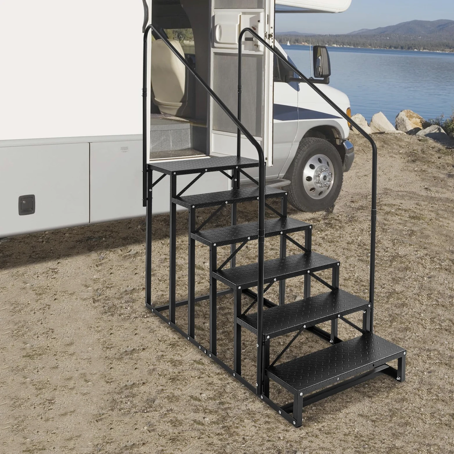 Escalera de 6 peldaños para autocaravana, acero al carbono, escalones para autocaravanas con pasamanos, escalera de piscina, escalera antideslizante para mascotas para caravanas, remolques, camping