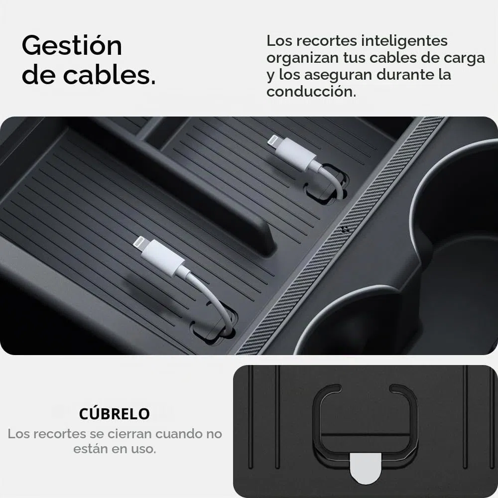 Spigen Tesla Model Y 2026 Juniper (Solo Premium & Performance 2025 2026) y Model 3 Highland (Standard, Premium & Performance 2024/25/26) Non-Slide Center Console Bandeja Organizadora Accesorios