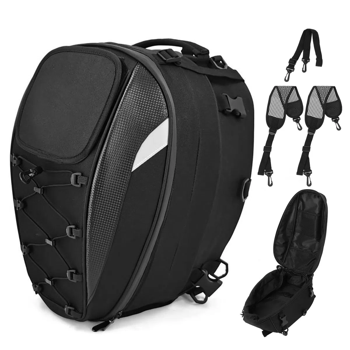 Mochila de 45L de tela Oxford para motocicleta, bolsa de casco resistente al agua con bolsillo de malla elástica y correa para el hombro para motocicleta, para guardar guantes, ropa y otros