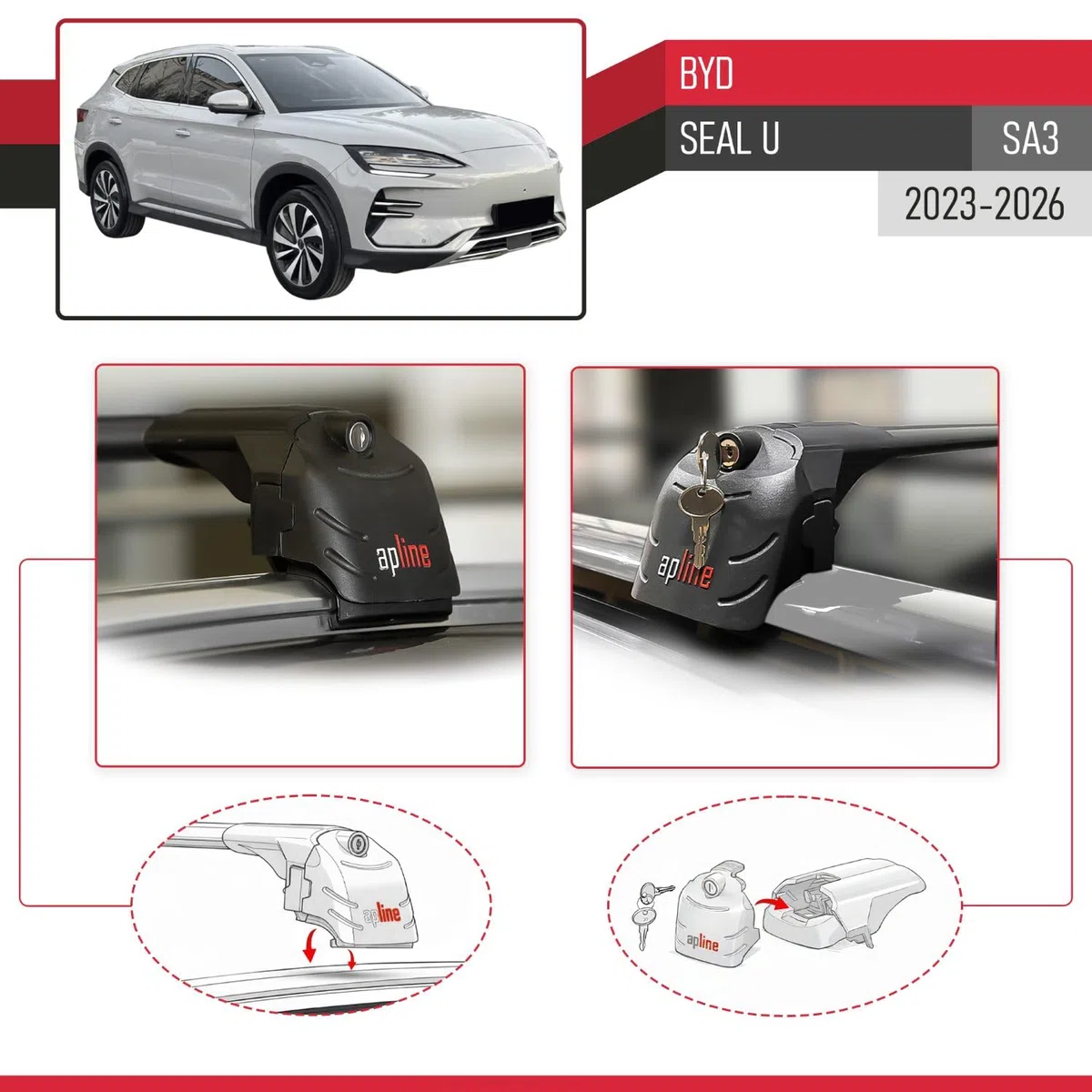 Compatible con BYD Seal U (SA3) 2023-2026 Modelo Ace-2 Barra de Techo Auto Portaequipajes Barras Transversales Negro Aluminio 2 Barras