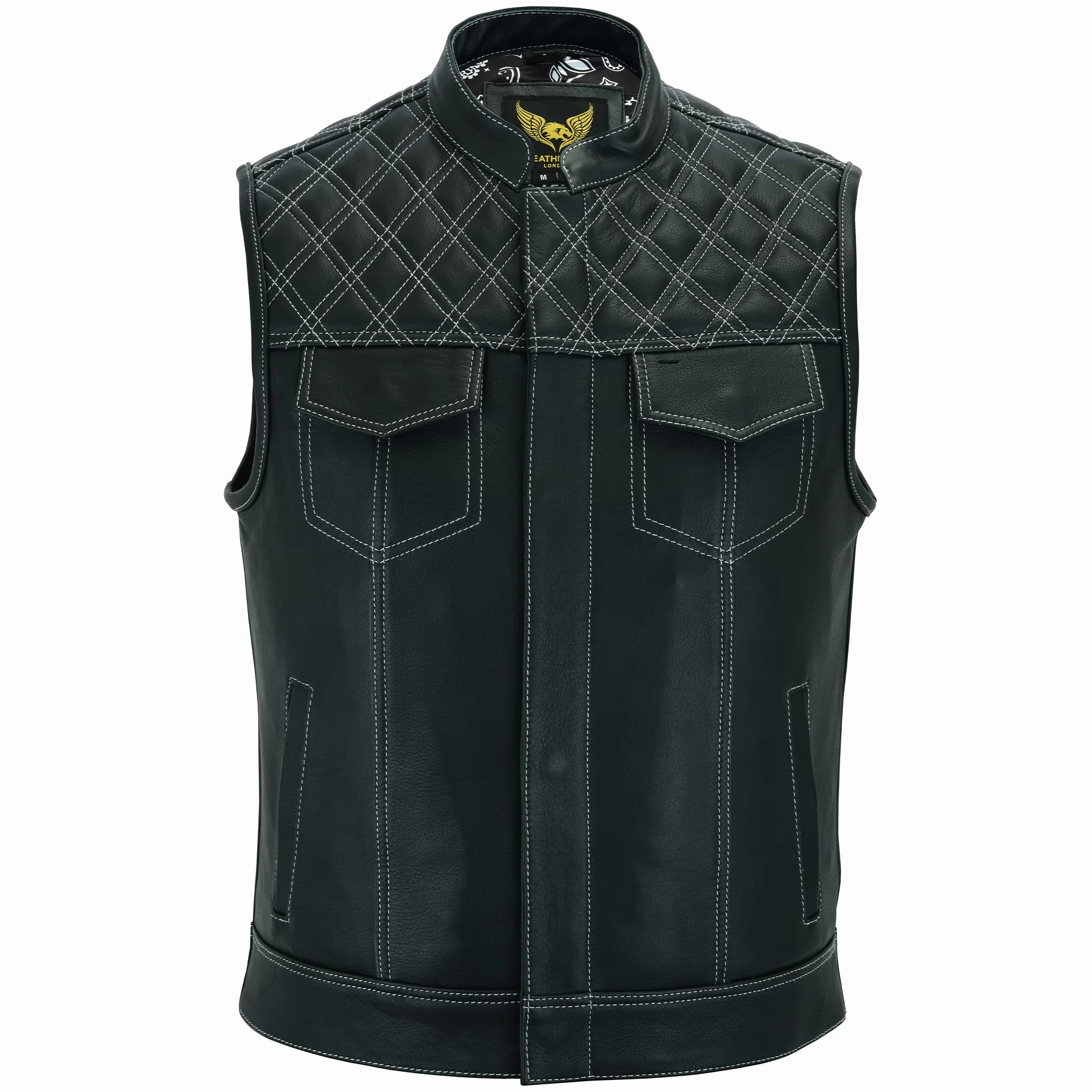 Leatherick Groove Club - Chaleco de cuero negro para hombre, diseño tradicional de cachemira, con costuras de rombos blancos