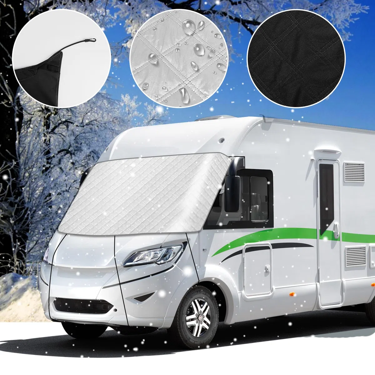 Funda para Parabrisas de Coche para Autocaravanas integradas, Funda Envoltura de Parabrisas de Lujo 600D para Clase A, Impermeable, Nieve, Hielo, Escarcha, Polvo, Sol (Plata)