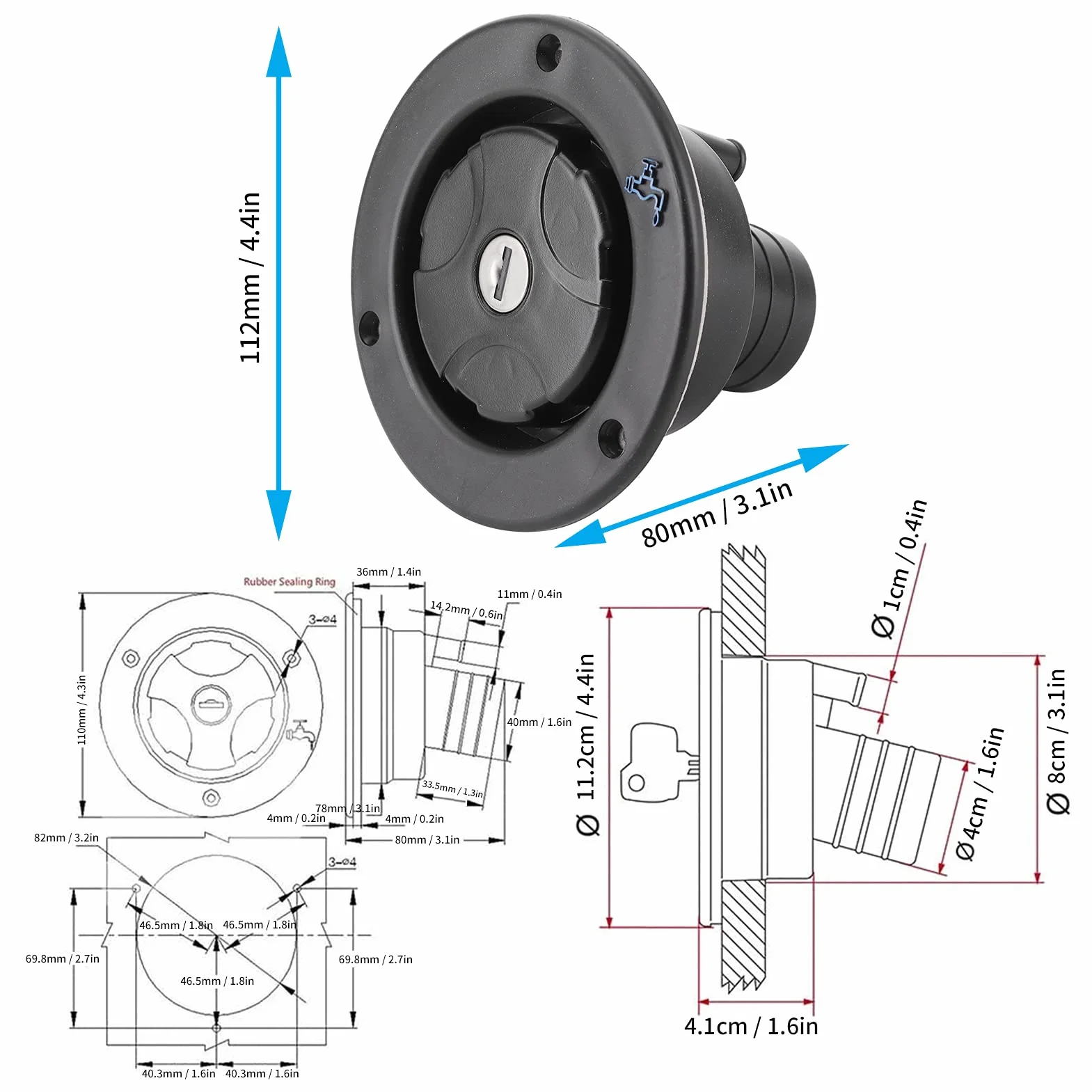 Llenado de agua RV, tapa de llenado de agua con cerradura Puerto de llenado de agua Entrada de agua por gravedad con 2 llaves para caravana RV para autocaravana