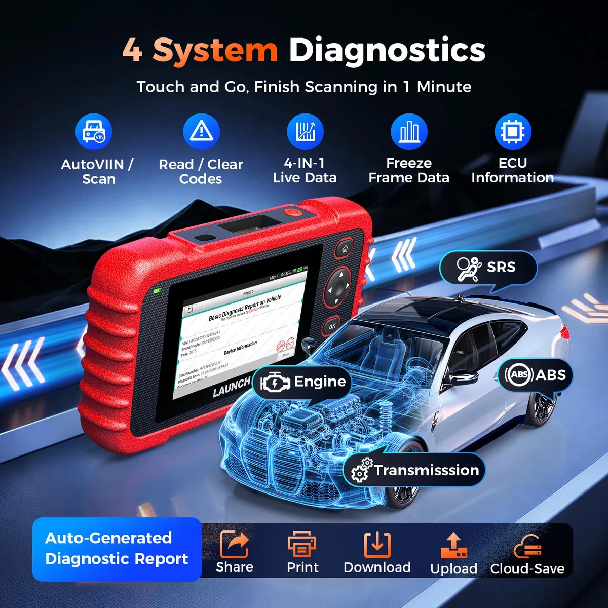 LAUNCH CRP123X V2.0 Obd2 Escáner, Diagnosis con 4 Sistemas y 7 Funciones, Motor Transmisión Abs Srs Airbag Autovin, Actualización por Wifi