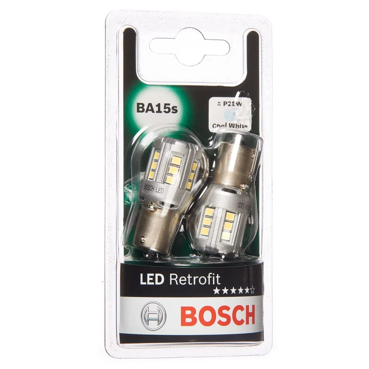 Bosch P21W LED Retrofit – Bombillas LED de Sustitución para Faros – 12 V, 6000 K, Luz Blanca Fría, Instalación Plug-and-Play, Hasta 10000 Horas de Vida Útil, 2 Unidades