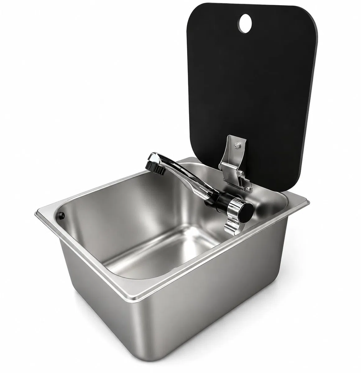 Fregadero con tapa camper 32x26 cm incluye grifo agua fria 12v y desague acodado camping autocaravana (GRIFO AGUA FRIA PARA BOMBA SUMERGIBLE)