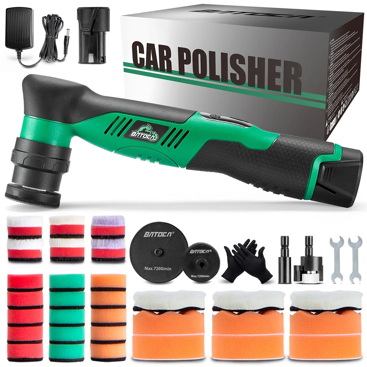 BATOCA S5 Mini Pulidora de Coche sin Cable Pulidora Rotativa y Orbital con 1 Batería de 12V 2.0Ah para el Detallado del Coche Kit de Almohadillas de Pulido de 25mm/75mm 6 Velocidades 2000-5500RPM