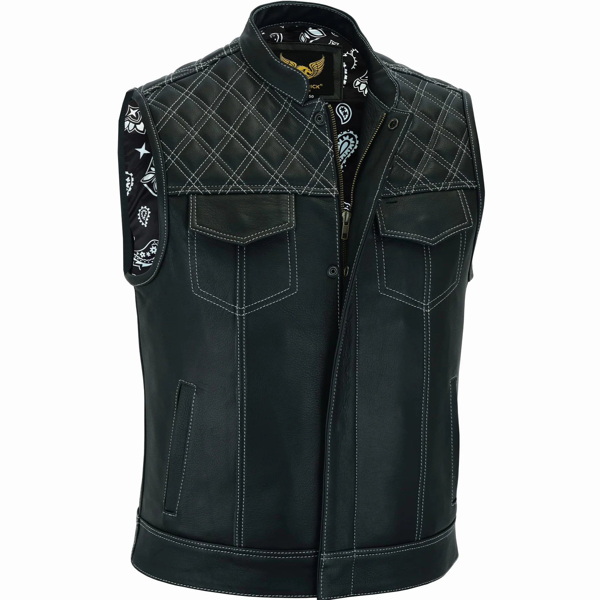 Leatherick Groove Club - Chaleco de cuero negro para hombre, diseño tradicional de cachemira, con costuras de rombos blancos