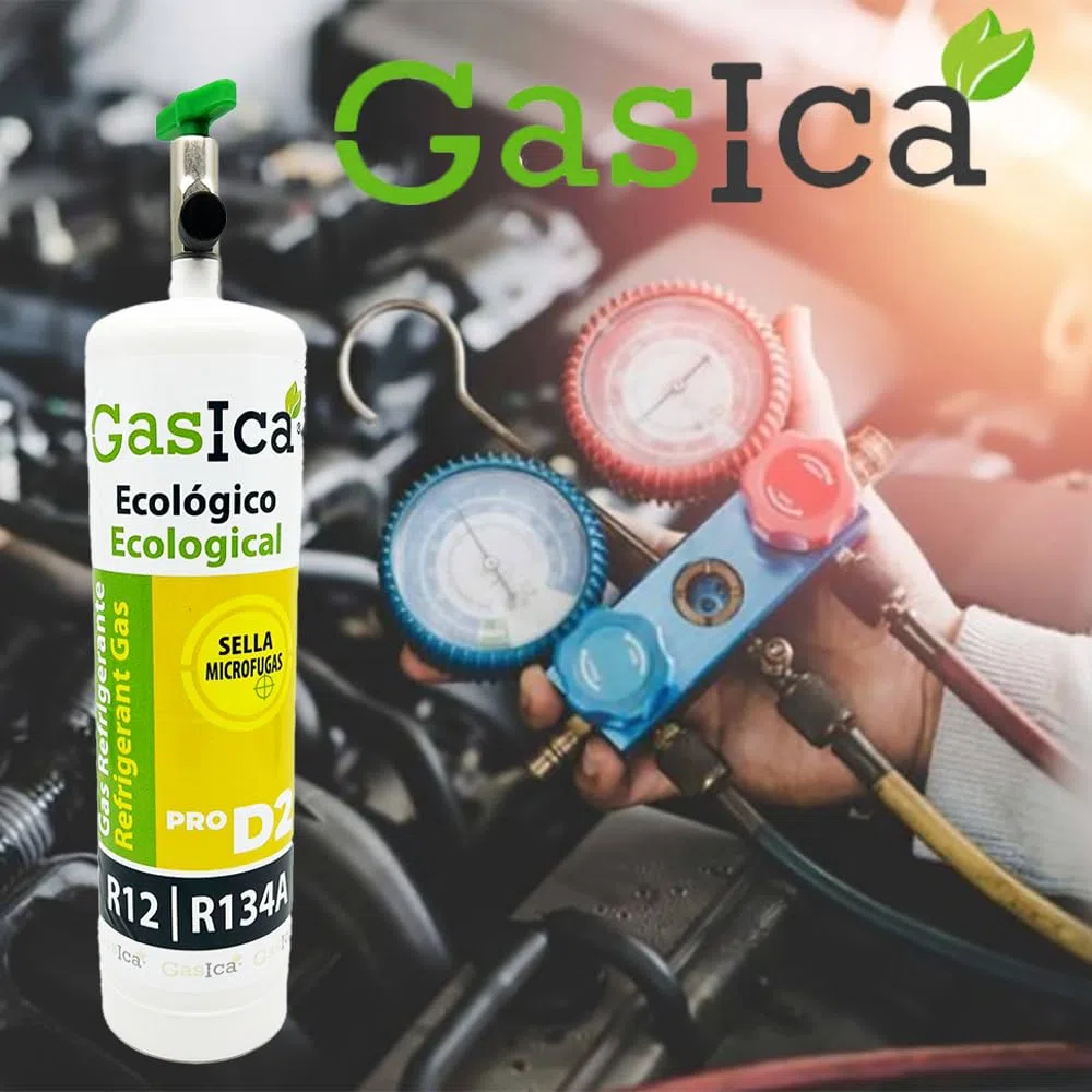 PACK AHORRO 2 ENVASES GASICA D2 GAS REFRIGERANTE ORGÁNICO AUTOMOCIÓN COCHE 400gr CADA BOTELLA COMPATIBLE CON R134A R12