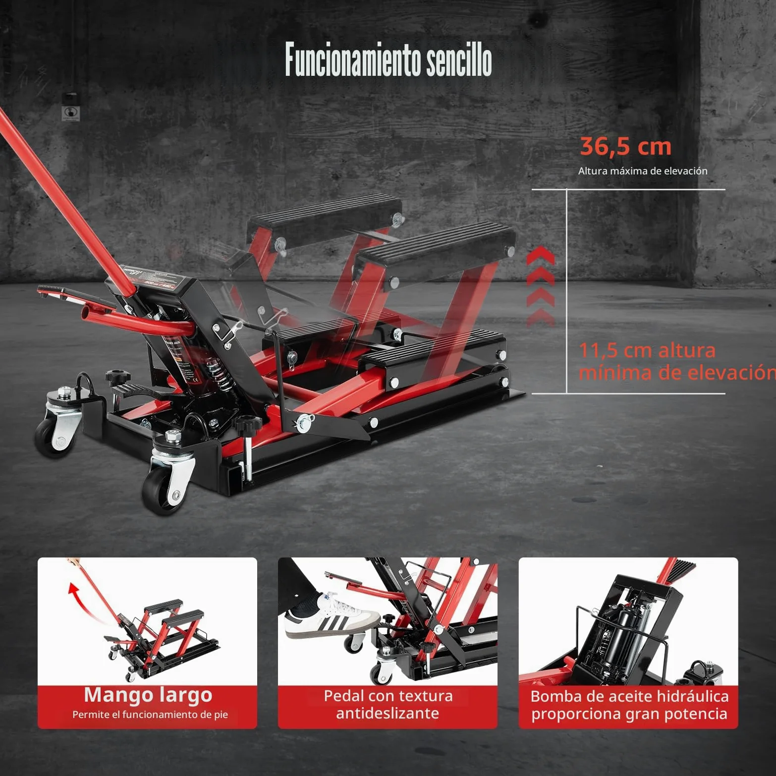 Elevador Hidráulico para Motocicleta de 680 kg de Carga, Soporte de Montaje Ajustable de 115 a 365 mm para Motor en Garaje