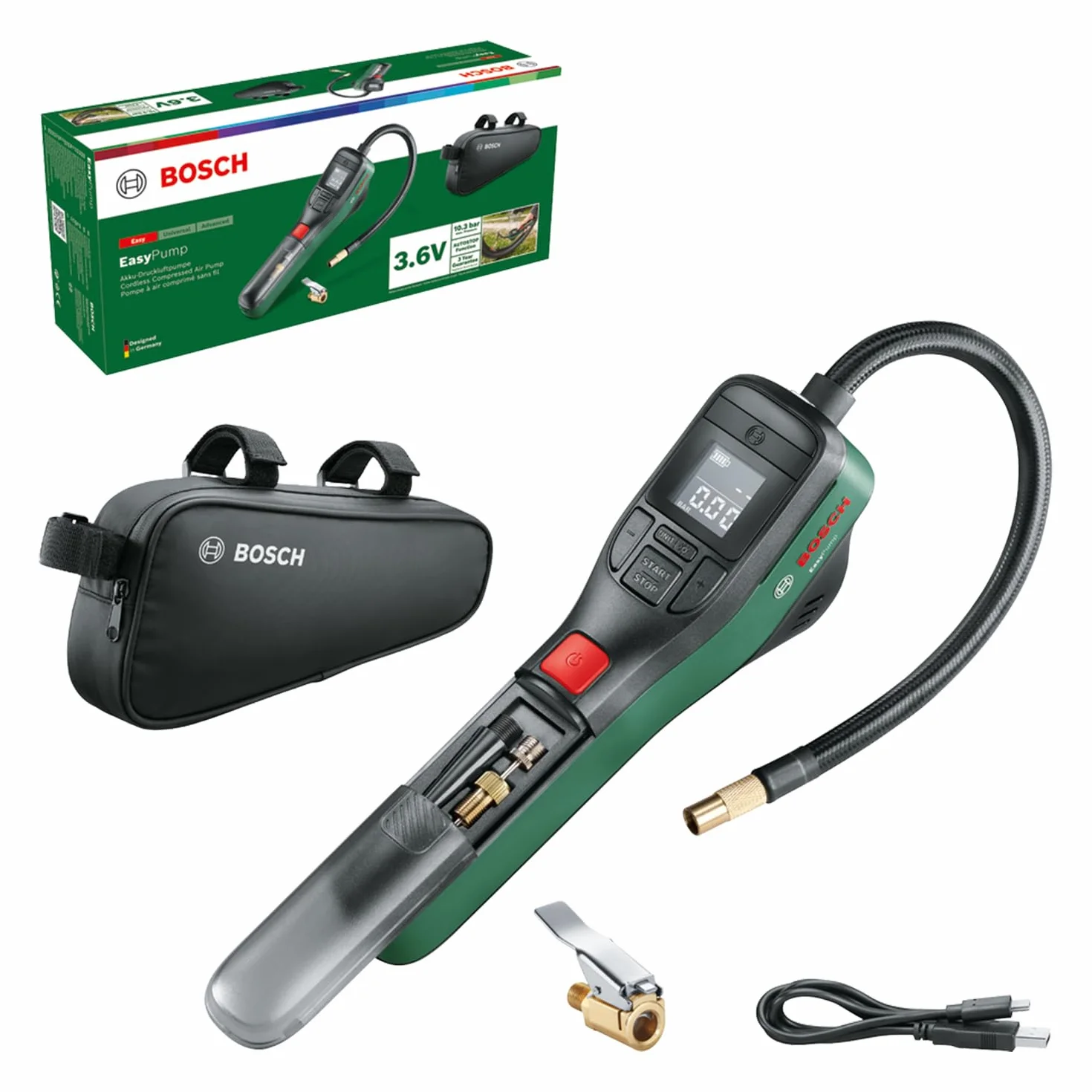 Bosch Bomba de Aire Bicicleta/compresor de Aire a batería EasyPump (3,0Ah; 3,6V,función de Parada automática; 150 PSI, 10,3 Bar;USBC, 3 adaptadores, Enchufe de conexión rápida, Bolsa para Bicicleta)