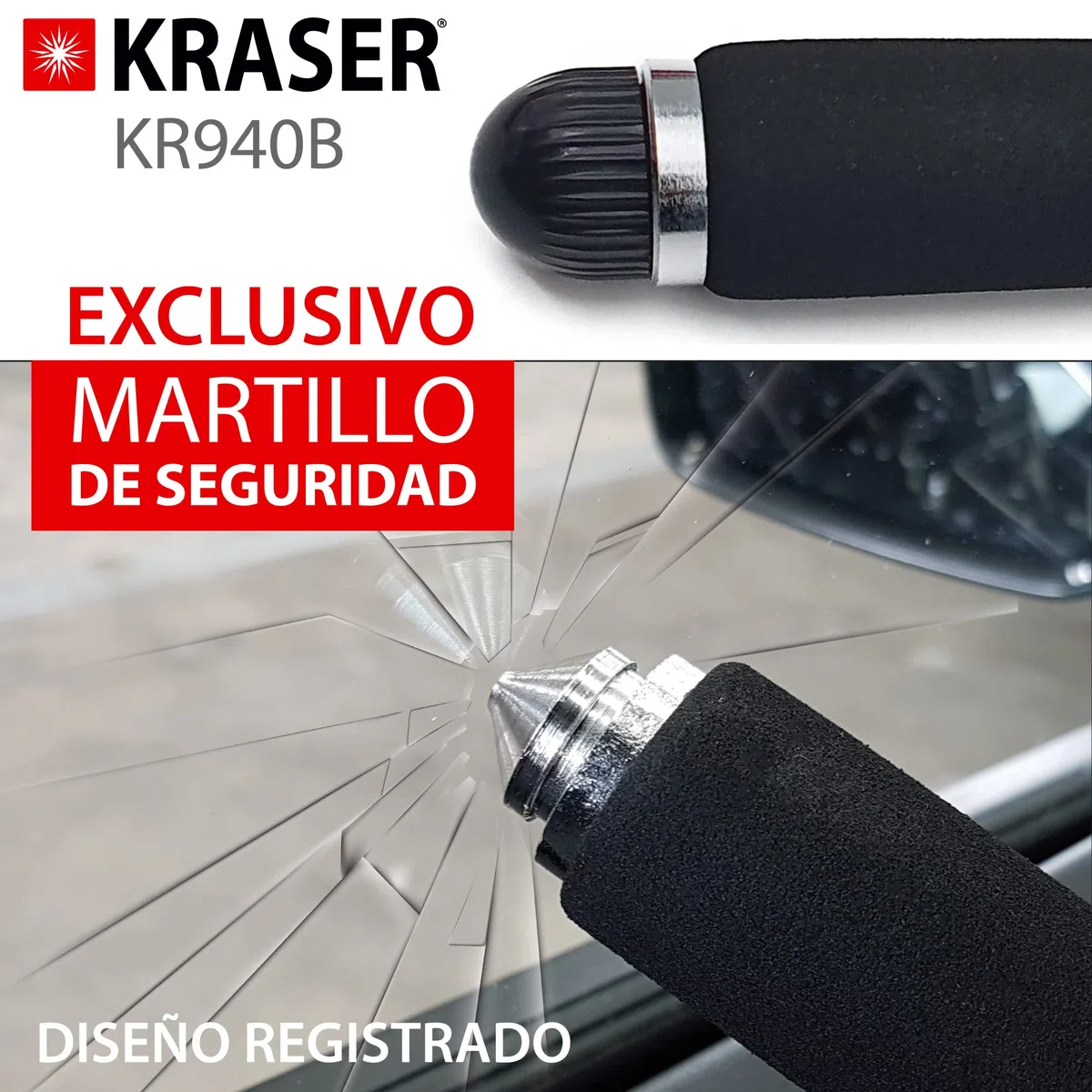 KRASER KR940B Antirrobo Coche Volante, Código Combinación, Reforzado Alta Seguridad, Visible Disuasorio, Doble Cierre Ajustable, Martillo Emergencia, Barra Universal Auto SUV Furgoneta Camión Caravana