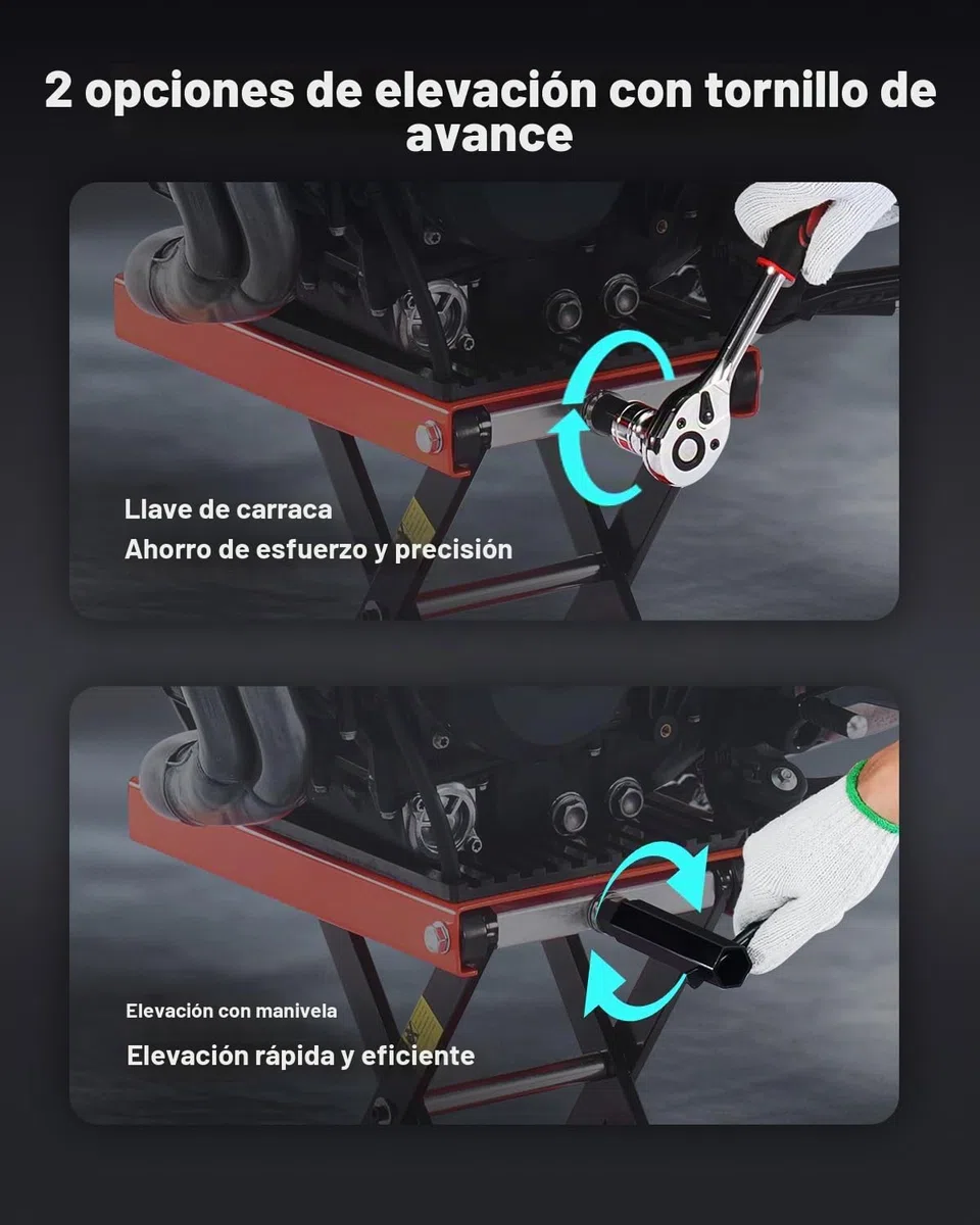 VEVOR Gato de Tijera para Motocicleta, Carga 544 kg, Rango de Altura 105 a 380 mm, Acero Resistente, con Trinquete y Manivela para Vehículos Todo Terreno y Motos Cross, 420 x 240 x (105-380) mm