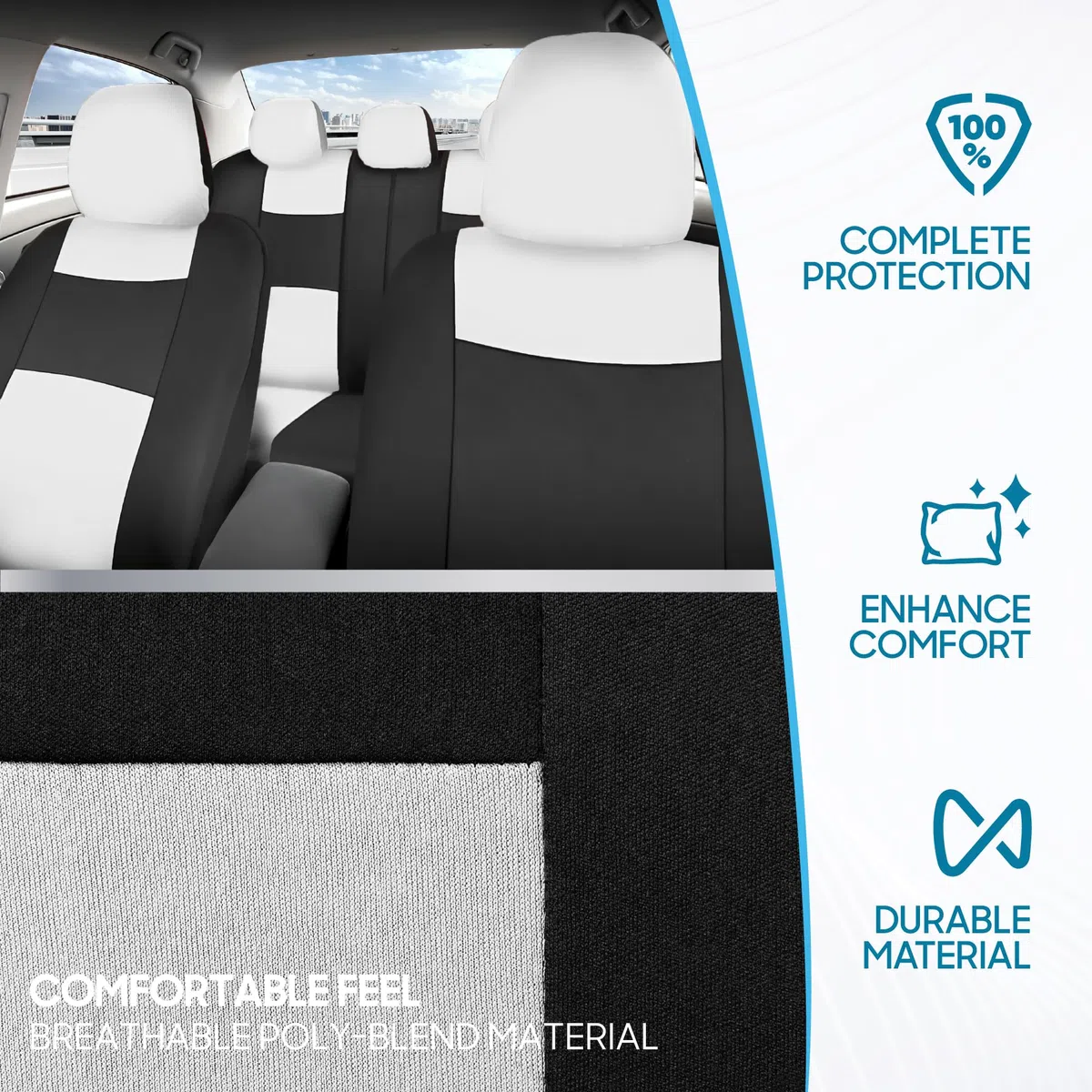 BDK PolyPro - Juego Completo de Fundas para Asientos de Coche, Color Blanco/Negro, Protectores de Asiento Delantero y Trasero, fácil de Instalar, Fundas Interiores para Auto, camión, Furgoneta, SUV