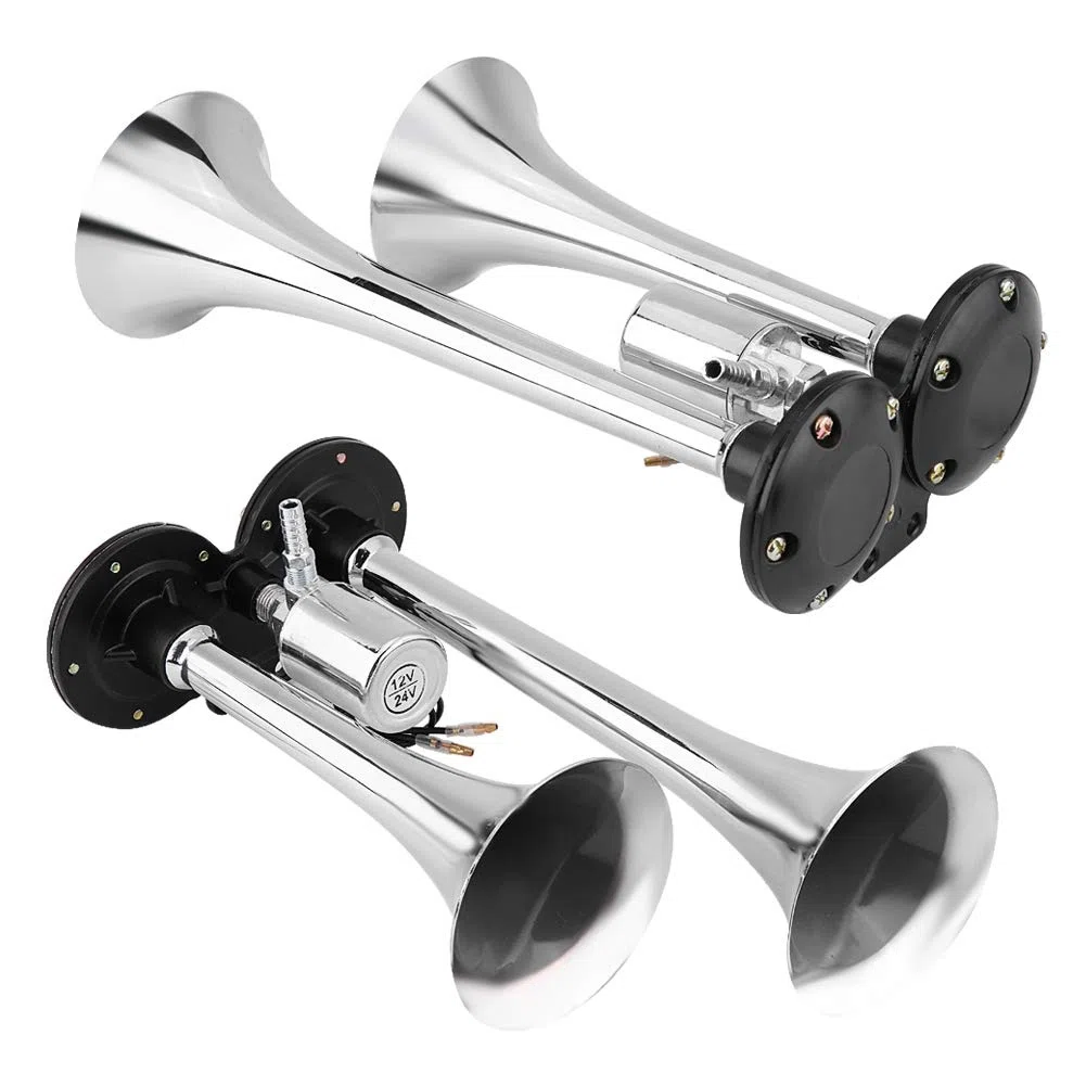 Bocina de Aire para Camión, 150db, 12v/24v, Doble Trompeta, Zinc Cromado, Negro, para Camión Tren Auto Van Barco