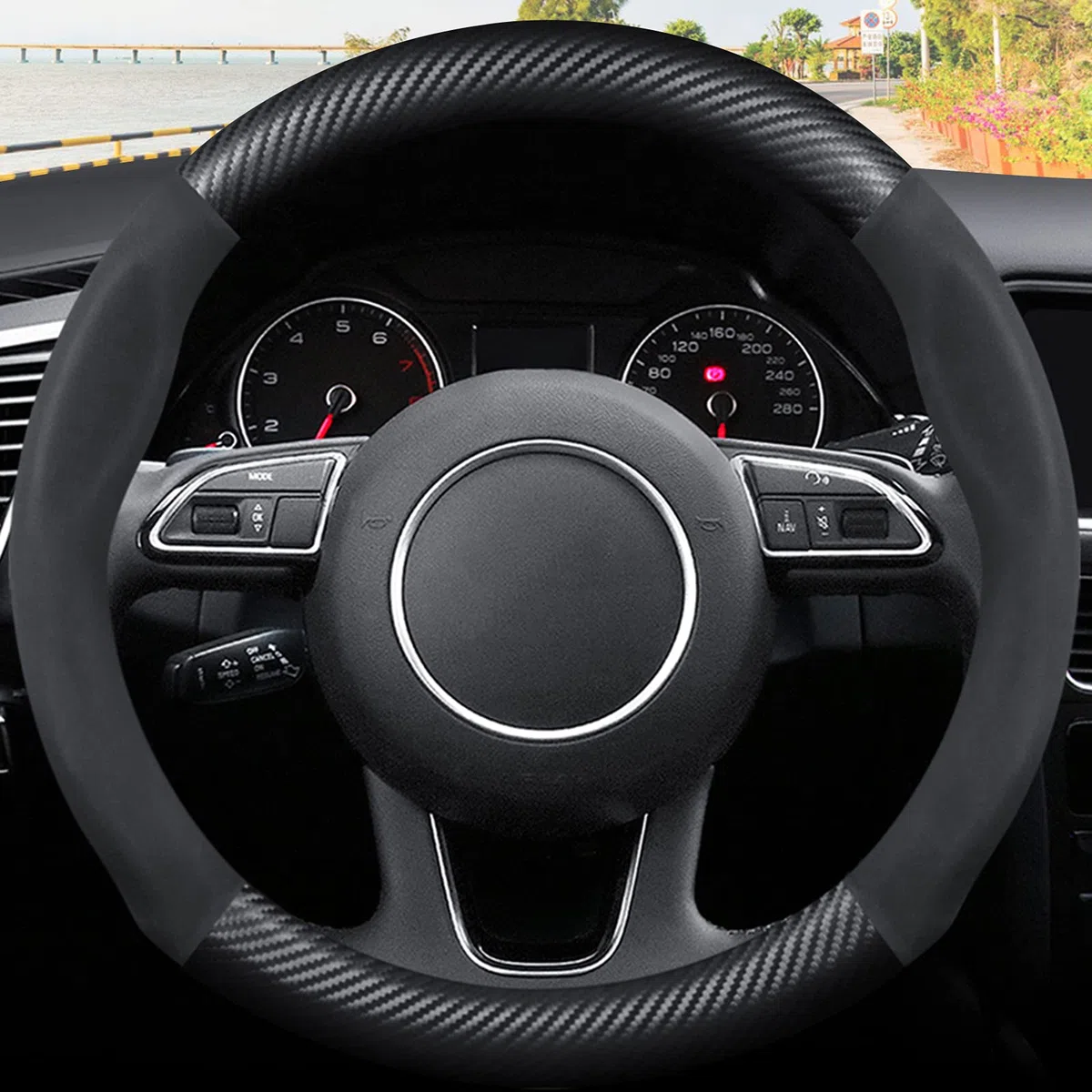 Ergocar Forma Redonda Fibra de Carbono y Cuero PU de Microfibra Funda Volante Coche Antideslizante Accesorios Coche Transpirable Estilo Deportivo para diámetro 38cm （15 "）-Negro