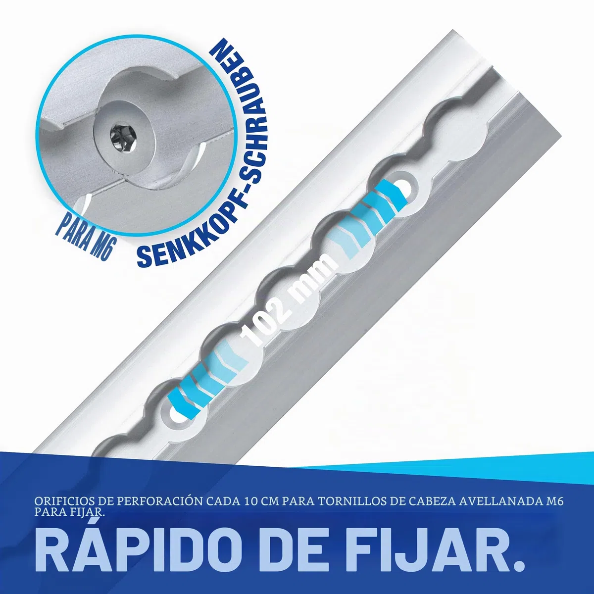 Juego de rieles TÜV certificados, 0,5 - 10 metros, forma semicircular, seguridad de carga para camiones y autocaravanas - Riel de amarre perforado aluminio plateado