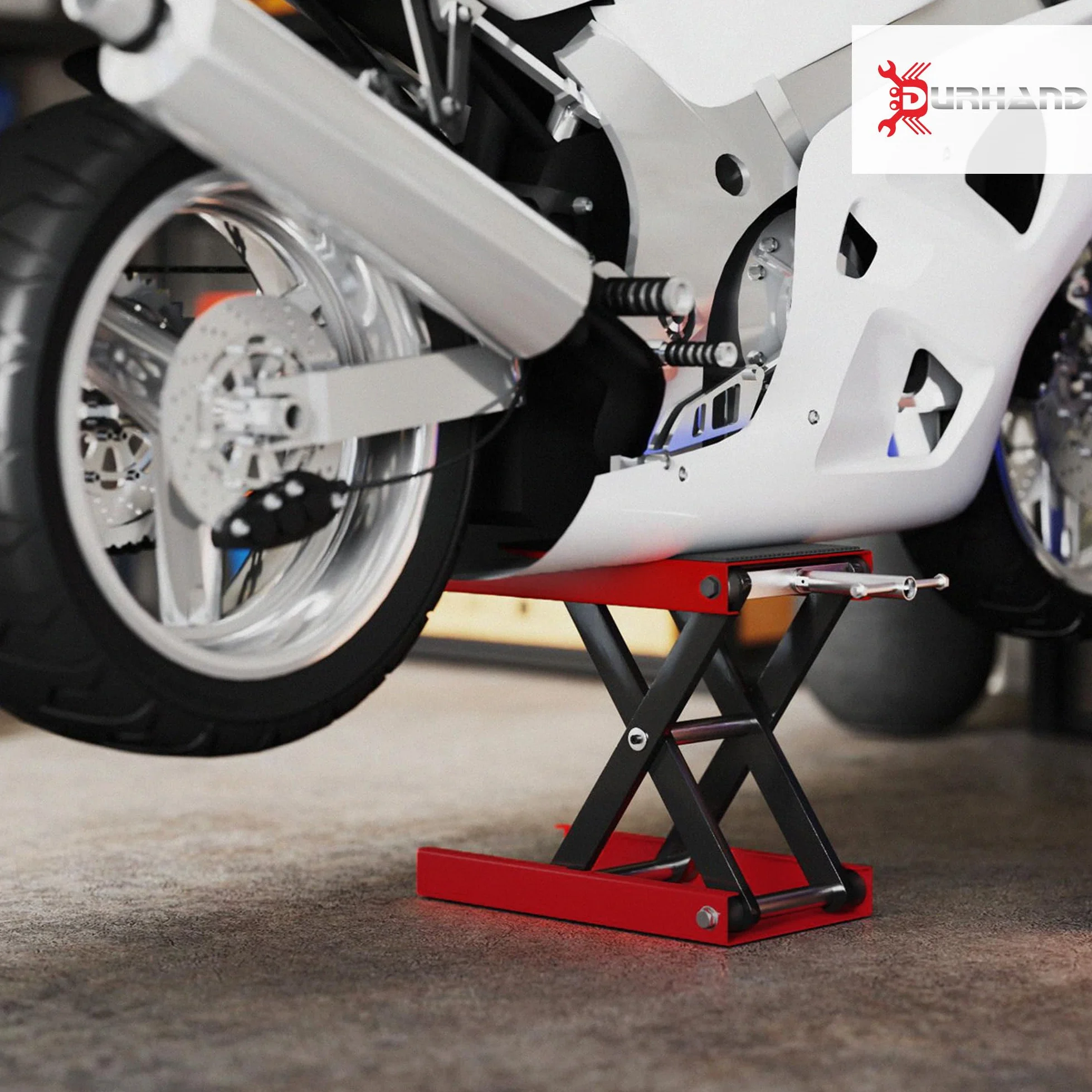 DURHAND Plataforma Elevadora de Tijera Carga 500 kg Altura Ajustable 10-37 cm Soporte para Motocicletas Soporte de Moto para Aparcar o Reparar Taller Garaje 41,5x23,5x10-37 cm Negro y Rojo