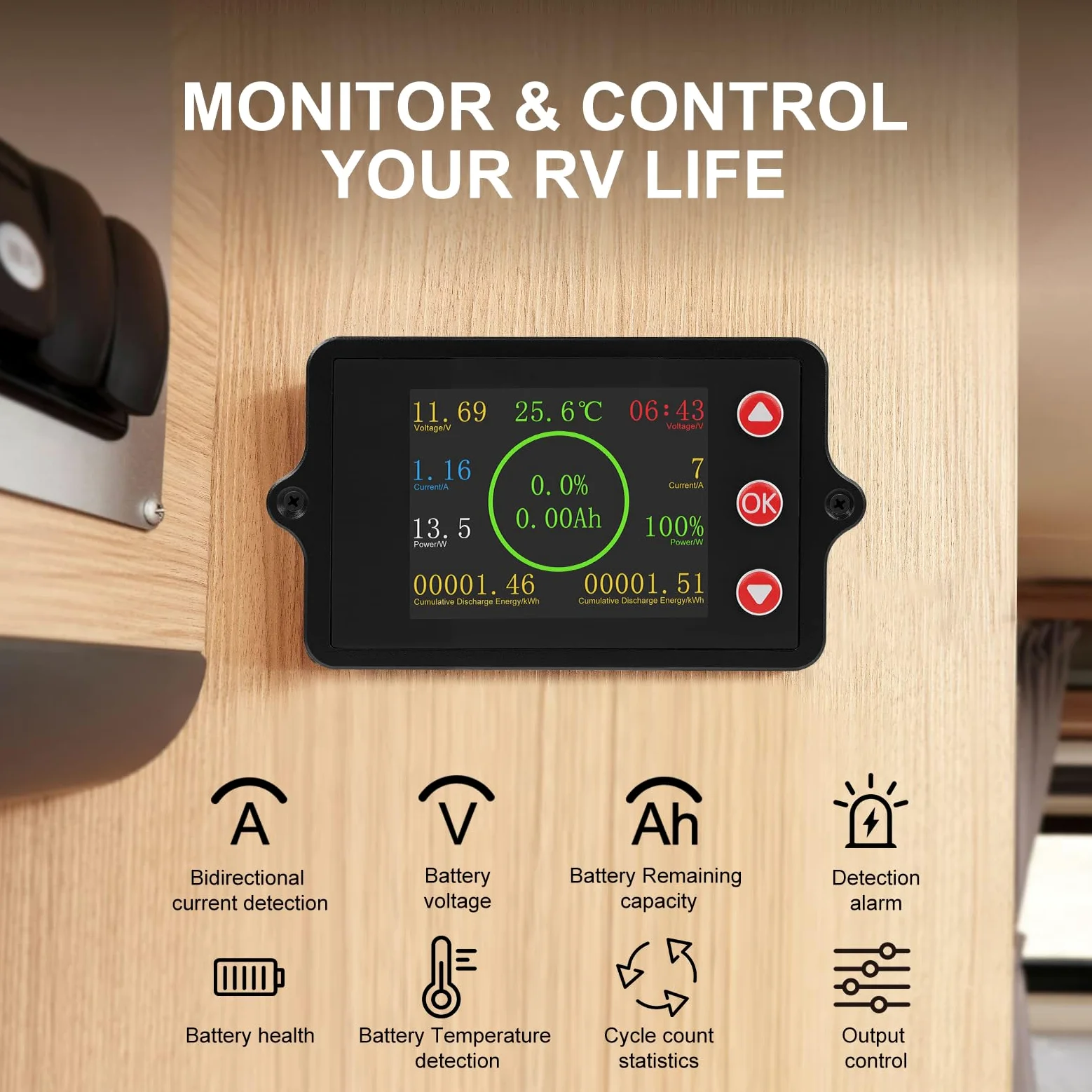 Monitor de Batería DC8-100V 100A comprobador de batería capacidad Indicador de Voltaje corriente con 100A corriente de cobre puro shunt sensor de temperatura y función de alarma