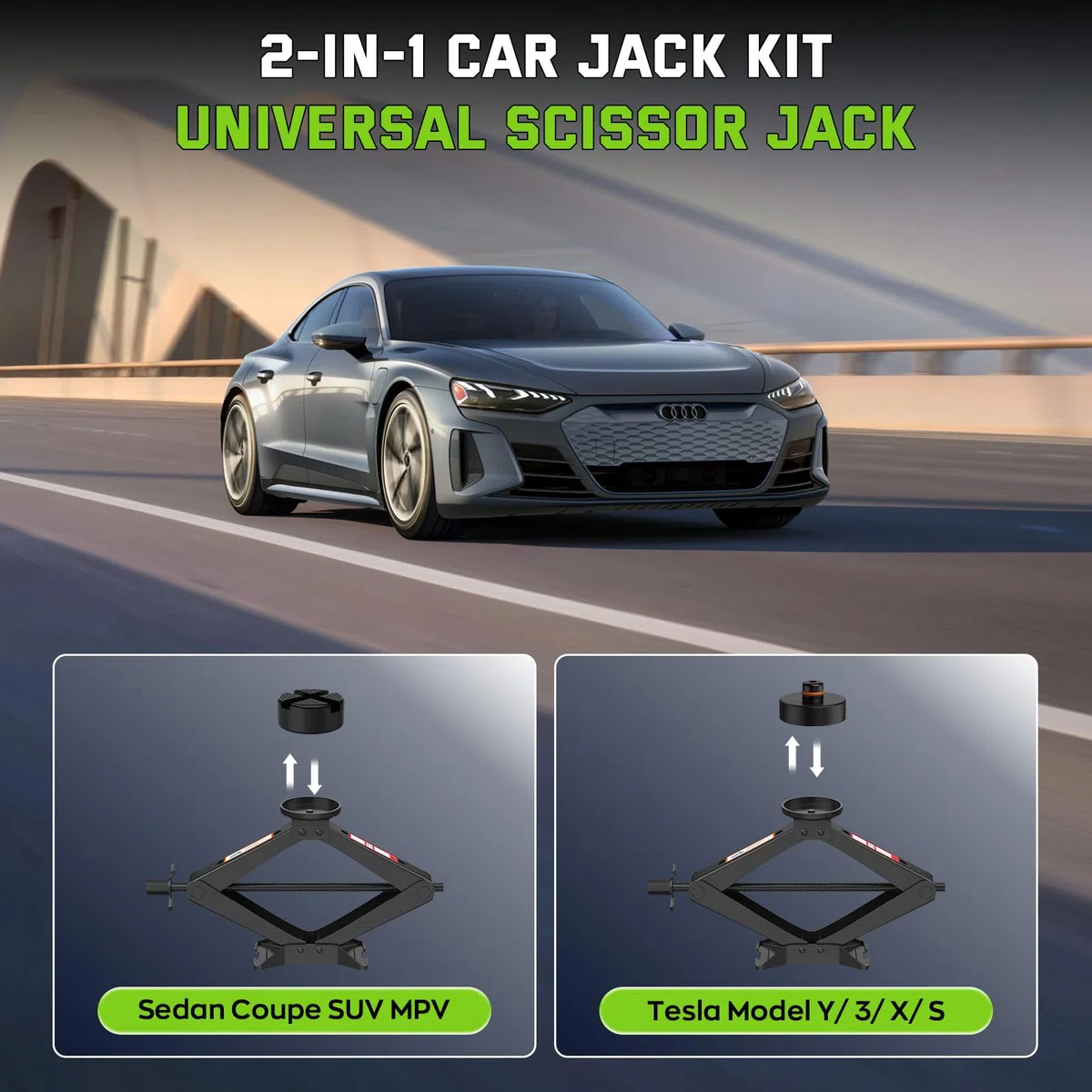 Nuevo Universal Gato para Coche 3T/3000KG, 2026 Gato Coche Portátil con 2 Pcs Bloque De Goma, con Llave de Tuercas de Rueda,Evita Rayaduras en el Vehículo,Herramientas de Emergencia para SUV MPVTesla