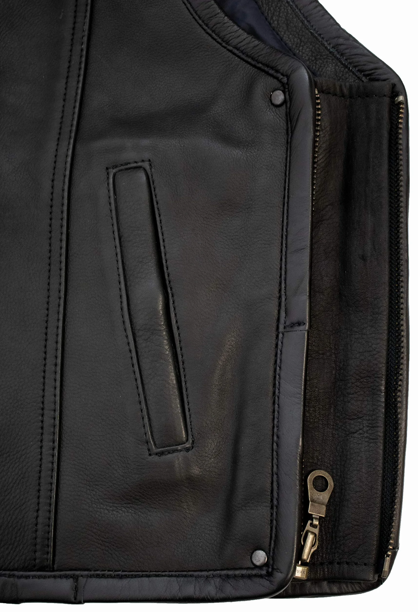 MDM Chaleco de Moto Hombre en Cuero, Chaleco Cuero Moto Custom, Ajustable con Cremalleras Laterales, Negro