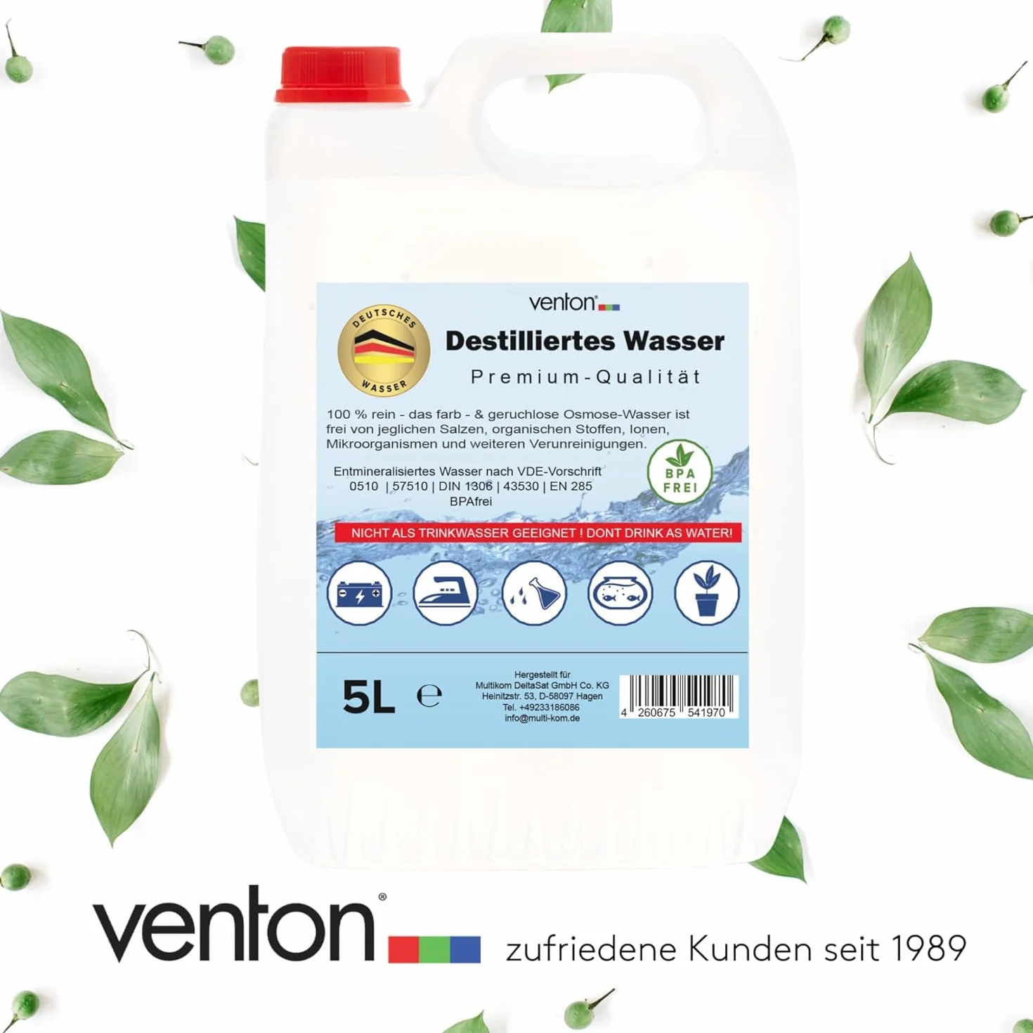 VENTON 20 litros de agua destilada (4 bidones de 5 litros cada uno)