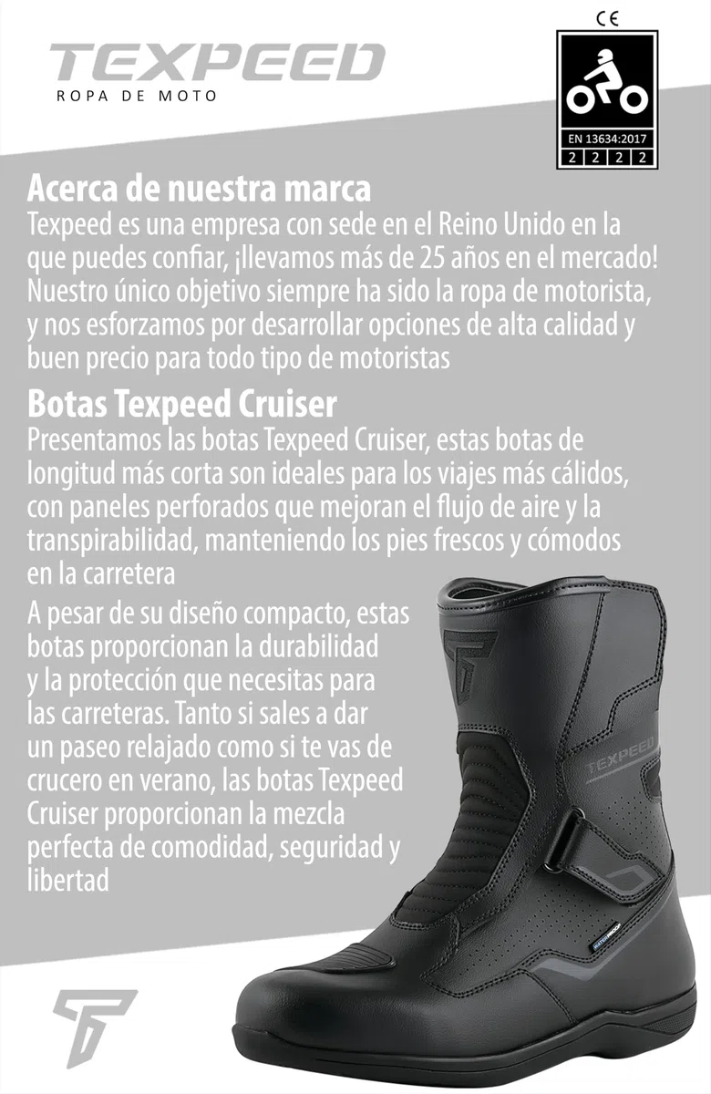 Texpeed Botas Moto Hombre Cuero - Cruiser 100% Botas De Moto Impermeables De Corte Corto Homologadas Por La CE - Negro - EU 43