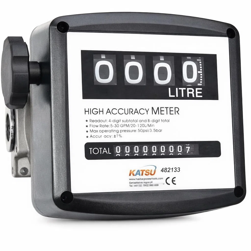 KATSU Contador de Medidor de Flujo de Aceite de Combustible Diésel de 4 Digitaces, Tanque de Transferencia de Bomba de Combustible Medidor de Flujo Mecánico 3,5 Bares 1% Precisión