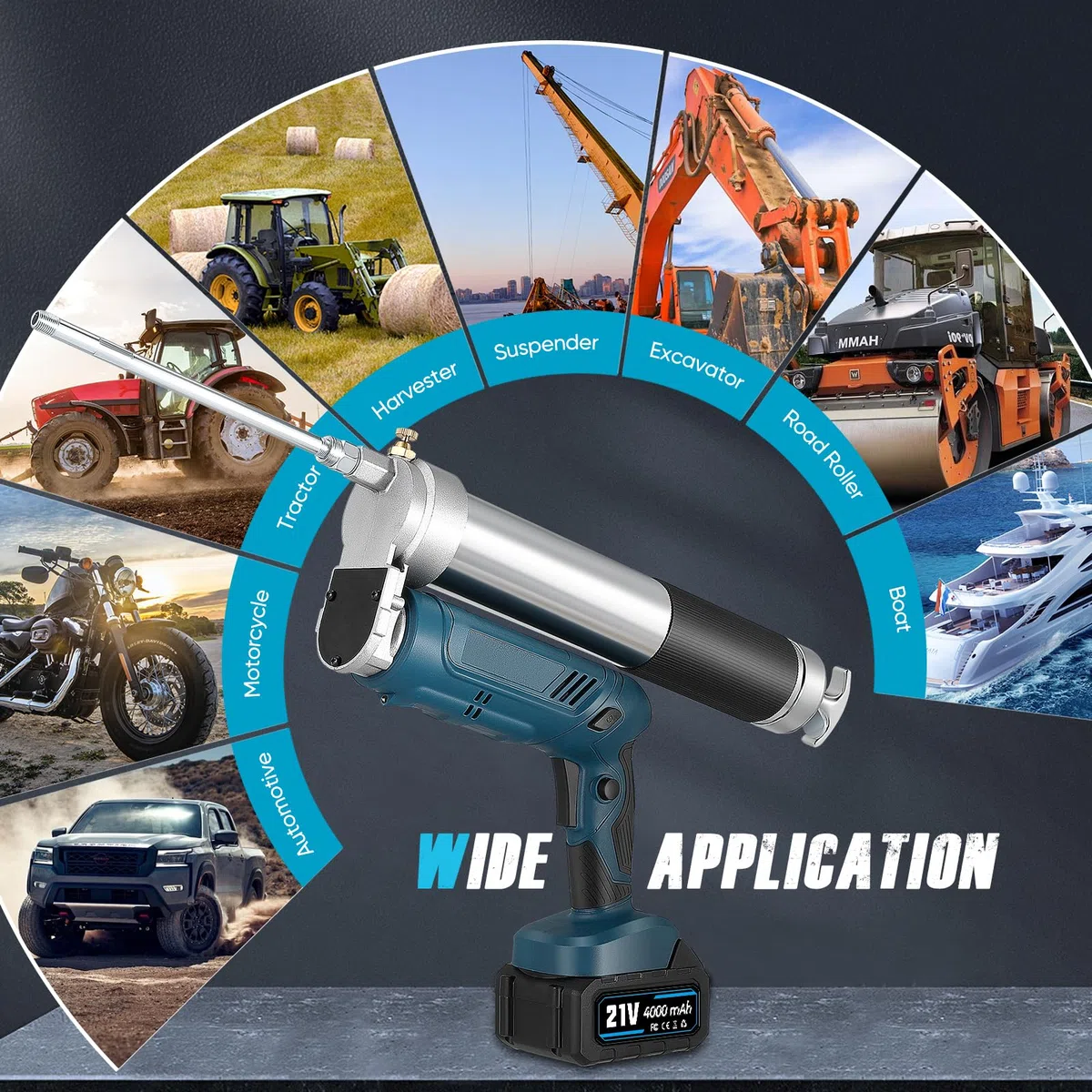 Engrasadora Bateria, Battery Grease Gun de Alta Eficiencia de 5.3oz/min 12 000PSI con 2*4 Ah y Cargador, Manguera de 100 cm, luz LED, Capacidad de 600 ml para Camiones, Granjas, Construcción