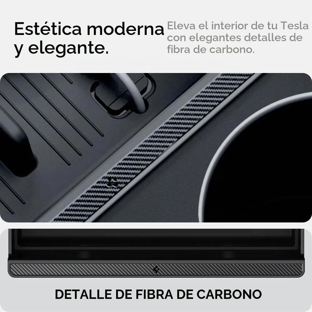 Spigen Tesla Model Y 2026 Juniper (Solo Premium & Performance 2025 2026) y Model 3 Highland (Standard, Premium & Performance 2024/25/26) Non-Slide Center Console Bandeja Organizadora Accesorios