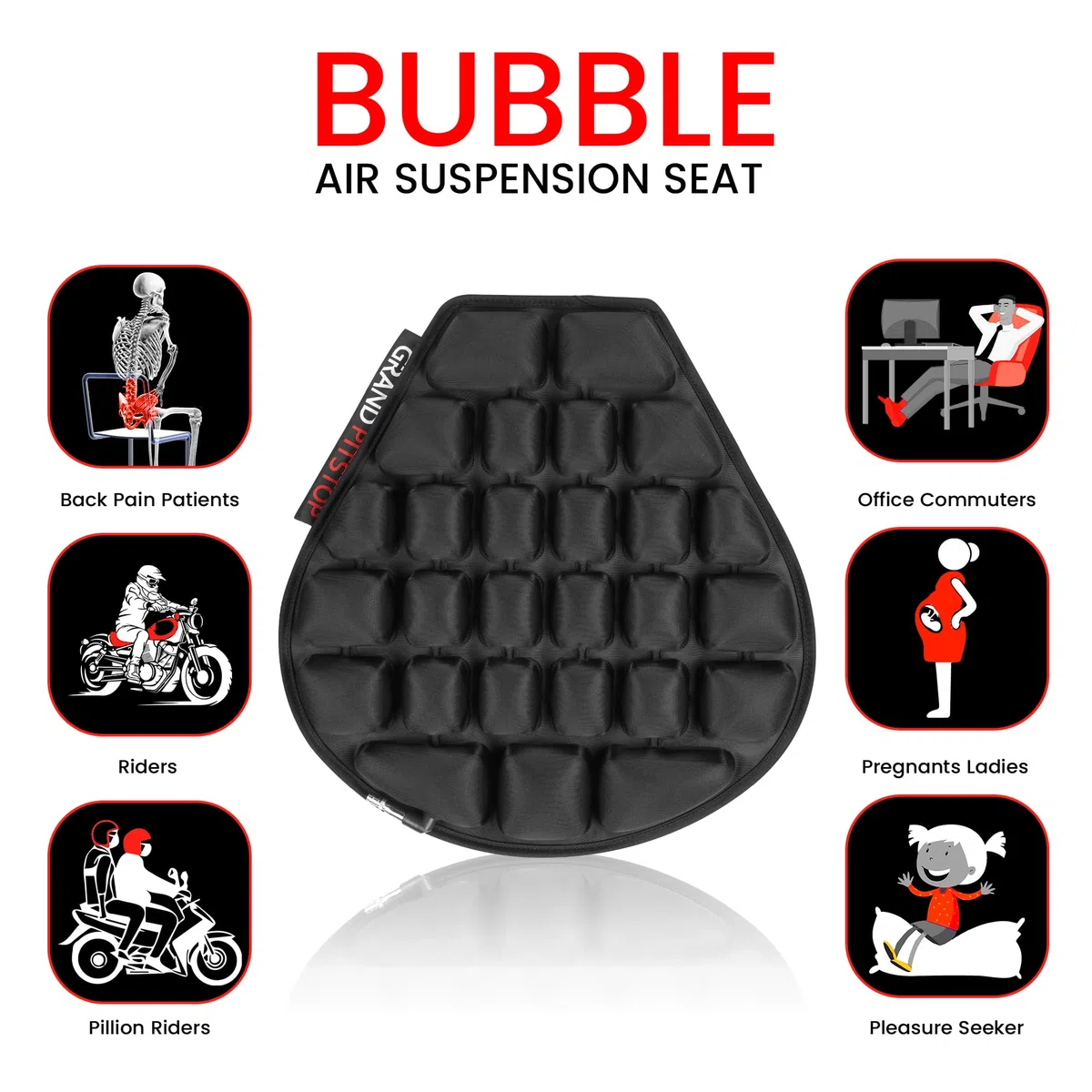 GRAND PITSTOP Motorcycle Air Seat Cushion With Inflatable Bubble Air Pads With Breathable Mesh Cover & Non-Skid Bottom compatible for Cruiser Motorcycle