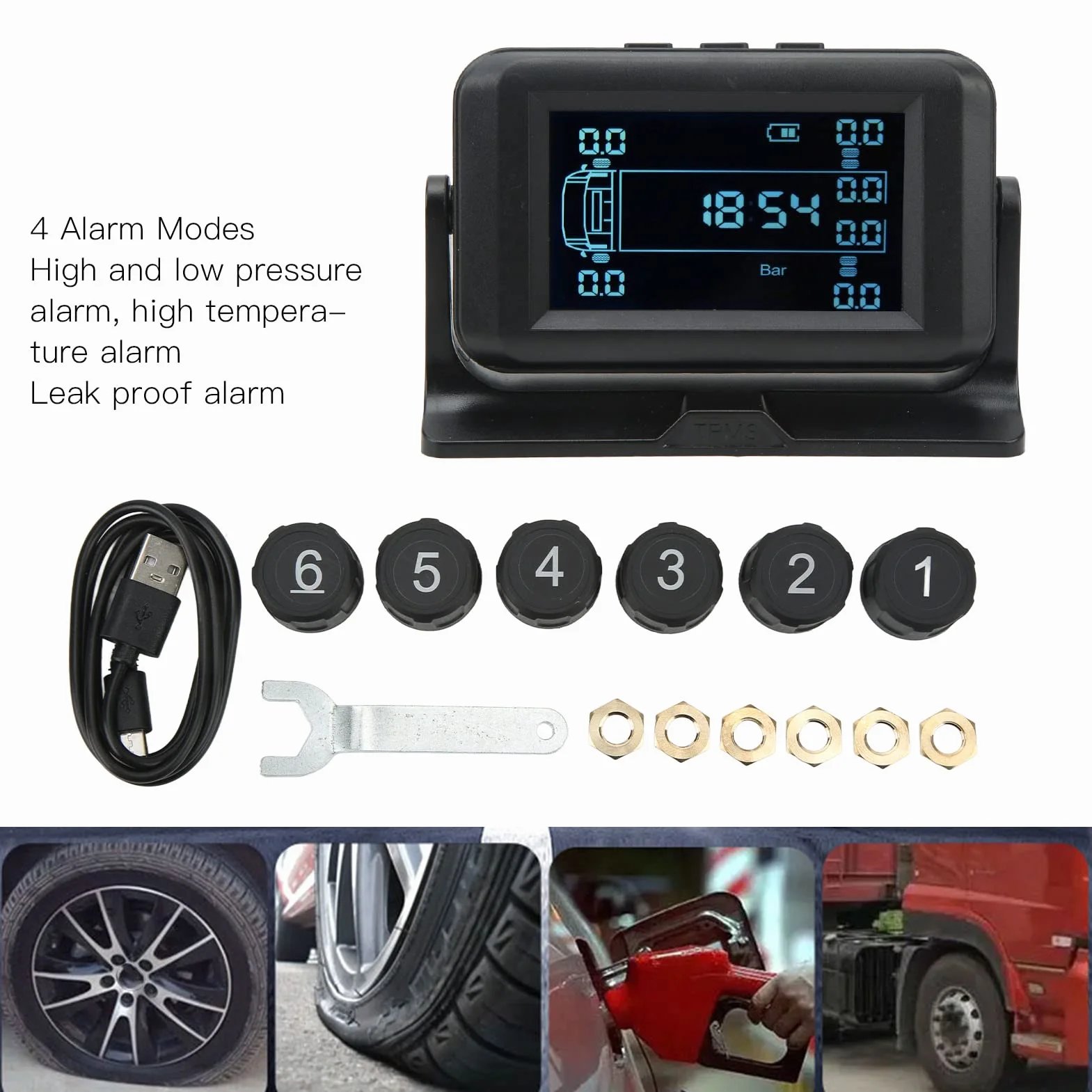 de Control de Presión de Neumáticos 6 Sensores Externos para Camión de 6 Ruedas RV Alarma de Alta Presión Baja IP67 Fuente de Alimentación Solar USB