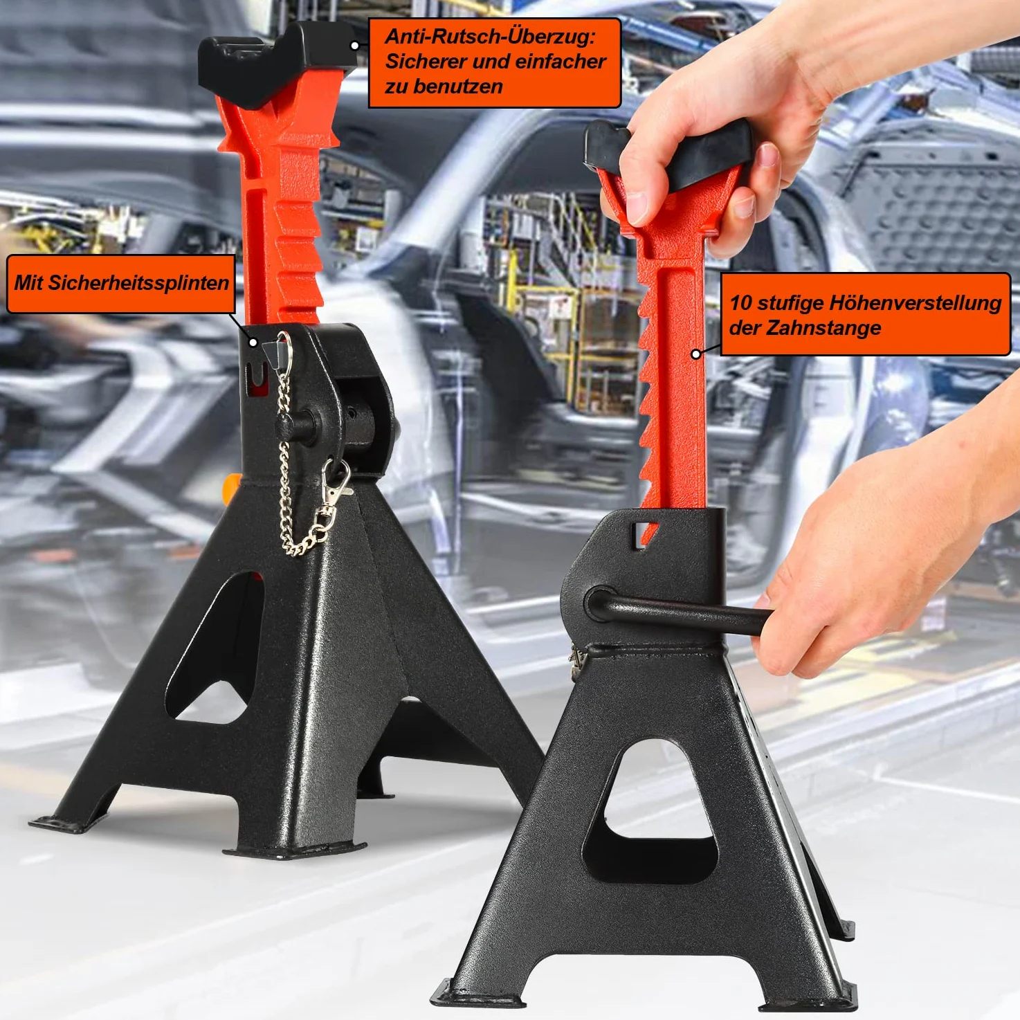 Herrselsam Caballete de apoyo 3T de capacidad de carga Caballete de altura ajustable 285-430mm Caballete de apoyo para vehículos con seguro Soportes de apoyo Auto Soportes para coches, caravanas