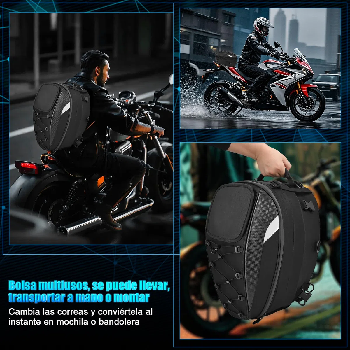 Mochila de 45L de tela Oxford para motocicleta, bolsa de casco resistente al agua con bolsillo de malla elástica y correa para el hombro para motocicleta, para guardar guantes, ropa y otros