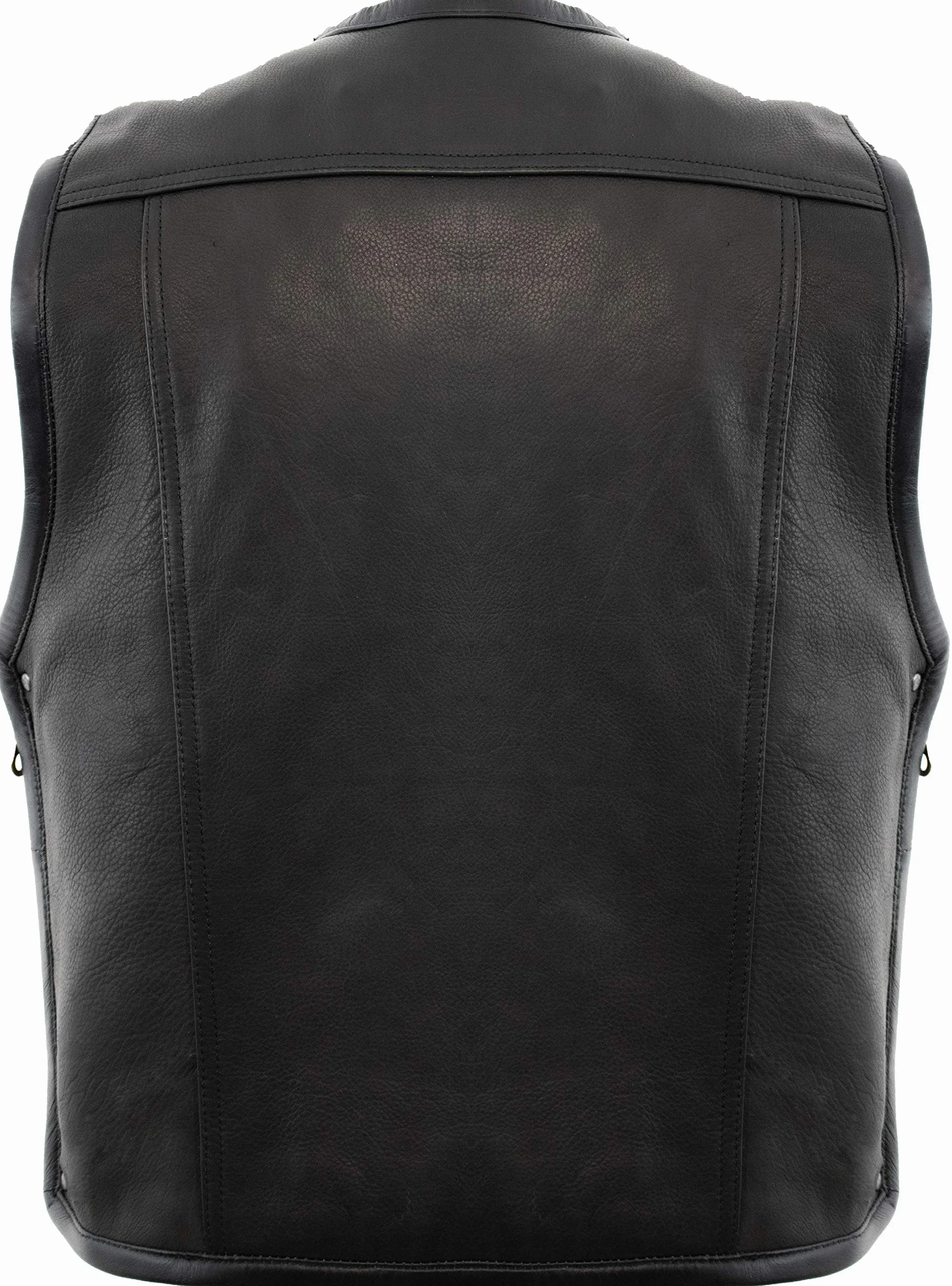 MDM Chaleco de Moto Hombre en Cuero, Chaleco Cuero Moto Custom, Ajustable con Cremalleras Laterales, Negro