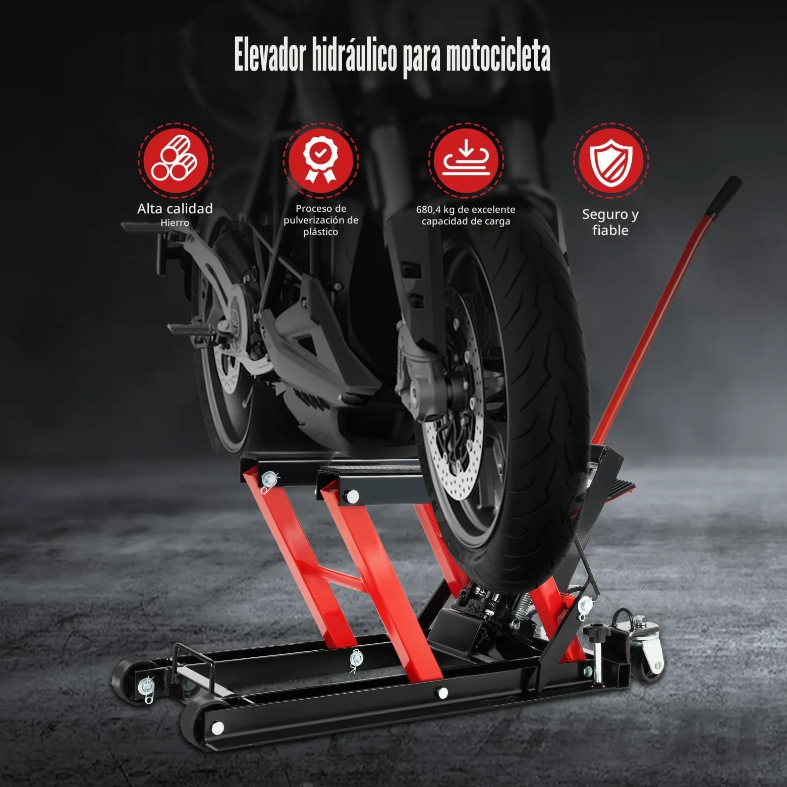 Elevador Hidráulico para Motocicleta de 680 kg de Carga, Soporte de Montaje Ajustable de 115 a 365 mm para Motor en Garaje