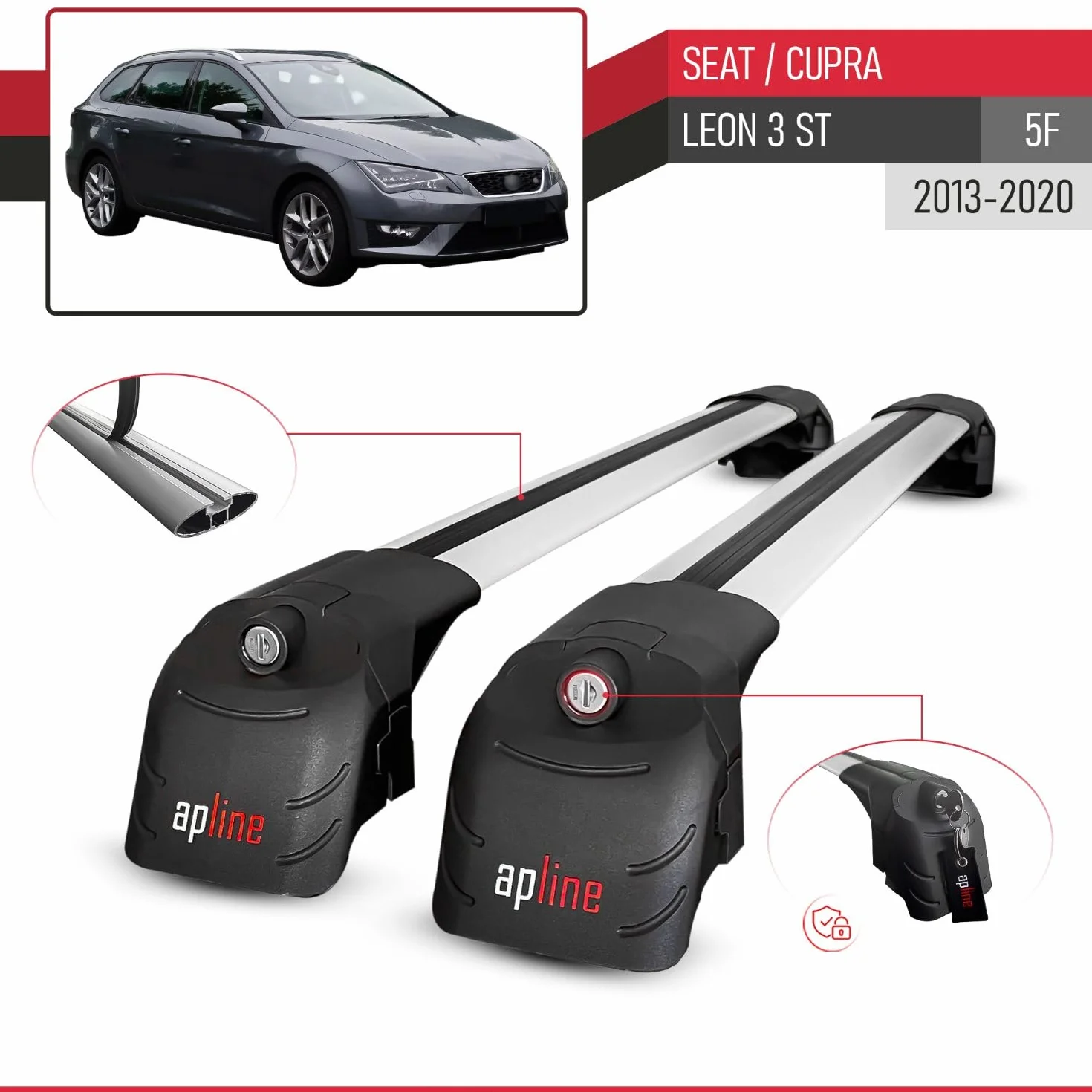 Compatible con Seat Leon 3 (5F) Cupra ST 2013-2020 Modelo Ace-2 Barra de Techo Auto Portaequipajes Barras Transversales Gris Aluminio 2 Barras