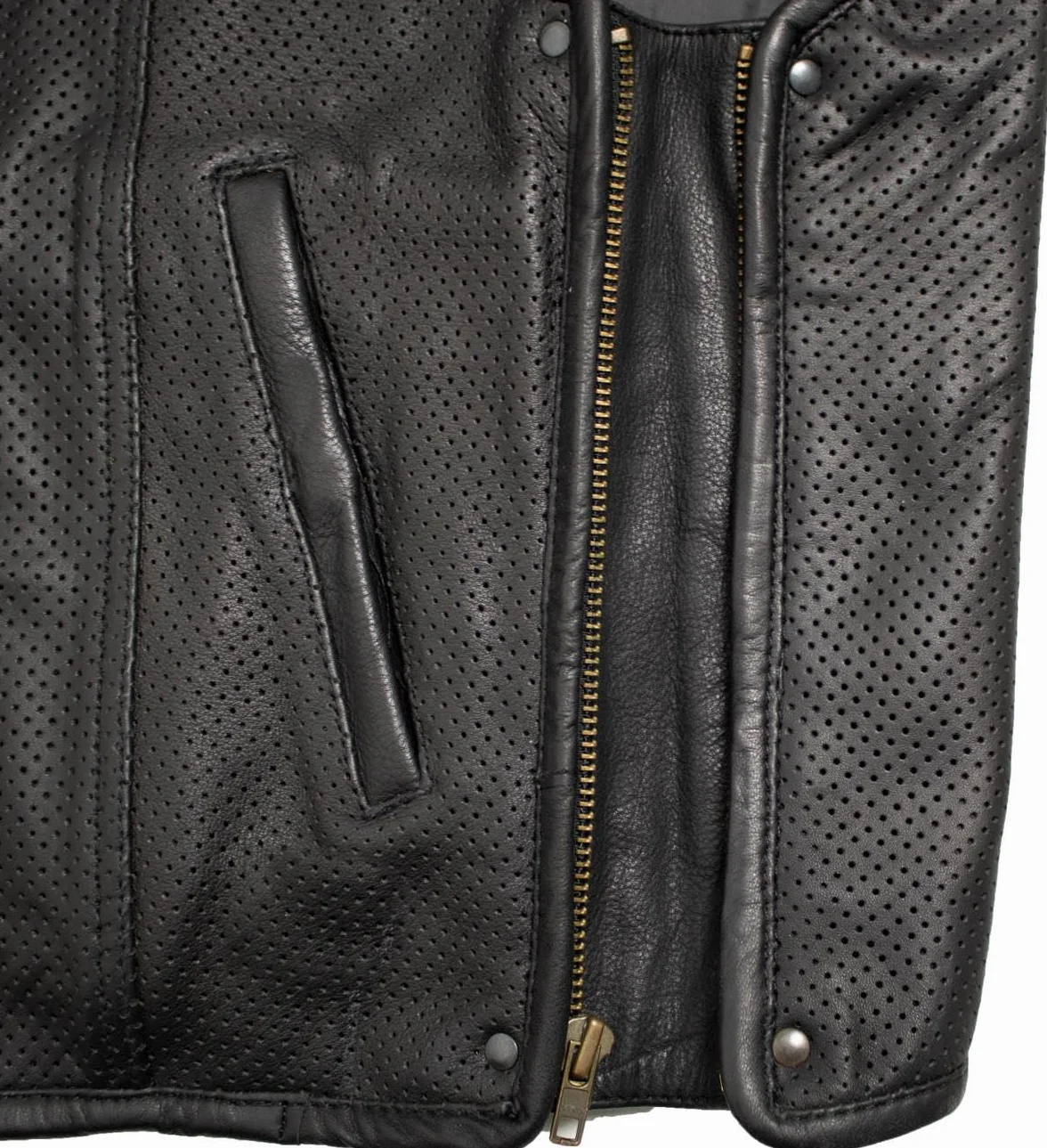 MDM Chaleco cuero moto hombre, chaleco biker negro sin mangas de piel auténtica, estilo Clubstyle, con cuero perforado y cremalleras laterales ajustables