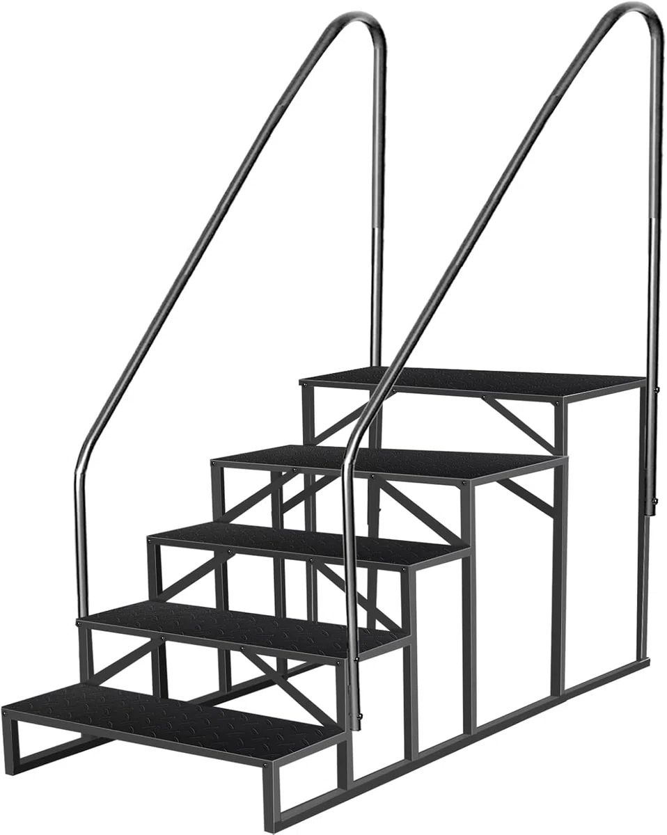 Escalera de Acero Antideslizante Portátil con 5 Ruedas para Caravanas y Piscinas, Doméstica de Exterior con 2 Pasamanos y 5 Peldaños