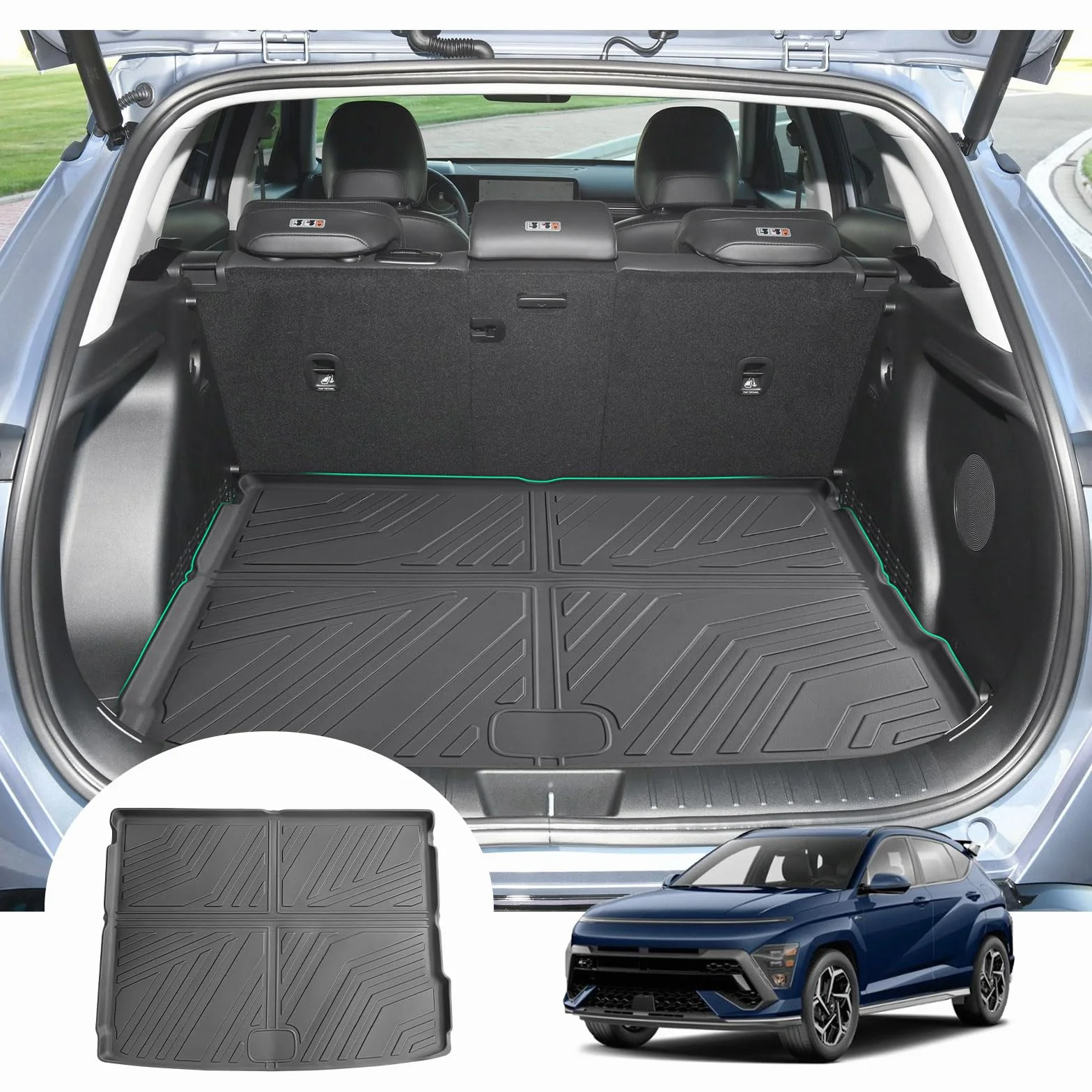 GAFAT Compatible con Hyundai Kona SX2 Hybrid/EV Electrico 2024 2025 2026 Alfombrilla de Maletero, Fácil Plegar, Alfombras TPE Todo Clima, Original 3D Escaneo Borde Alto, Kona 2025 Accesorios
