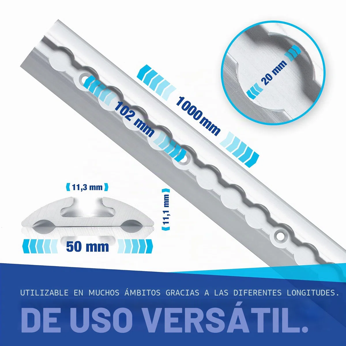 Juego de rieles TÜV certificados, 0,5 - 10 metros, forma semicircular, seguridad de carga para camiones y autocaravanas - Riel de amarre perforado aluminio plateado